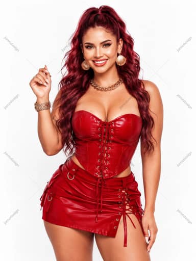 Red-Haired Woman In Red Corset On White Background