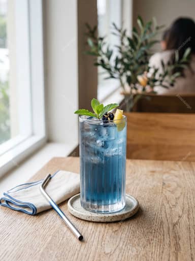 Blue Iced Drink With Mint And Citrus Garnish