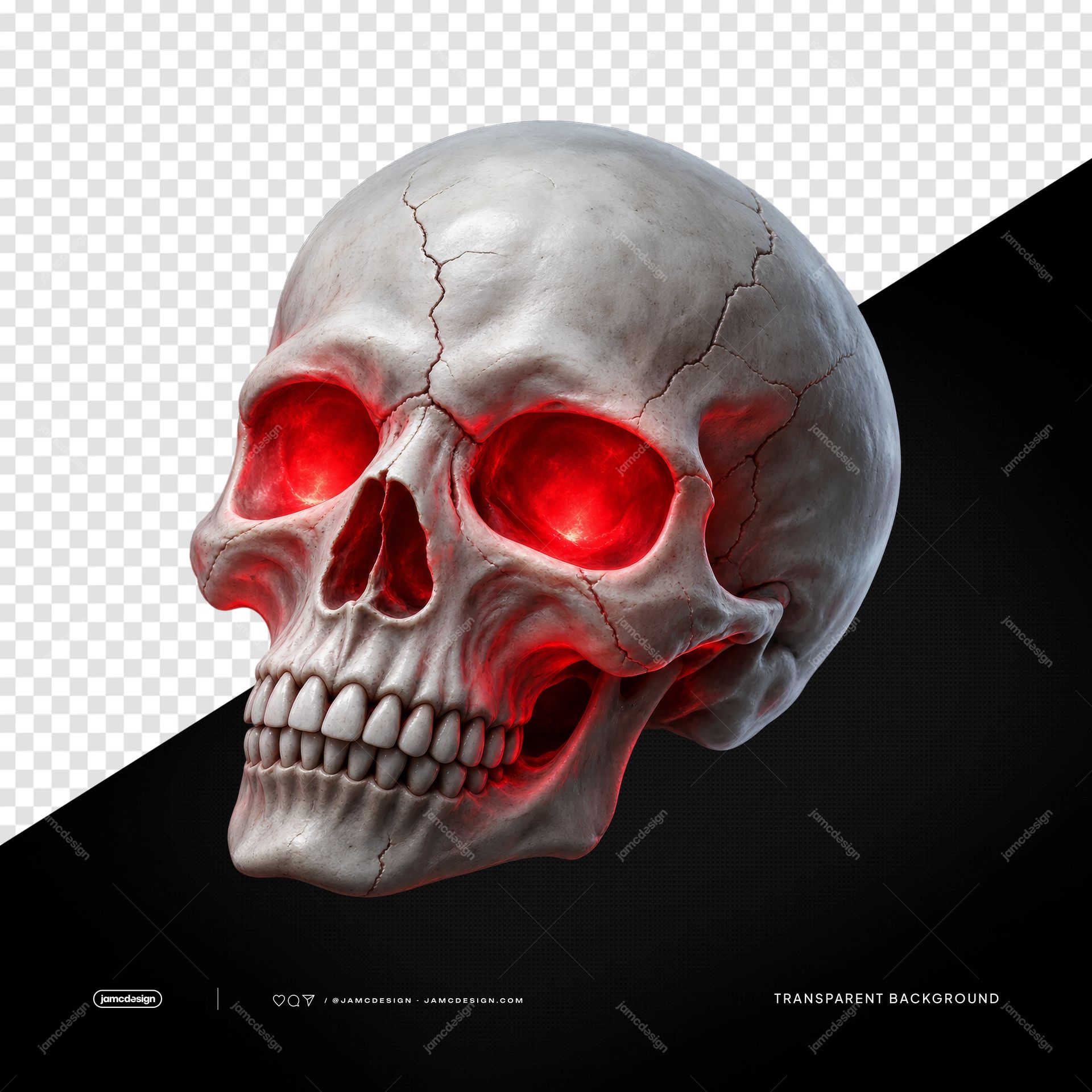 Skull With Glowing Red Eyes And Cracks PNG. A realistic PNG transparent object shows a cracked skull with vivid red glowing eyes and teeth