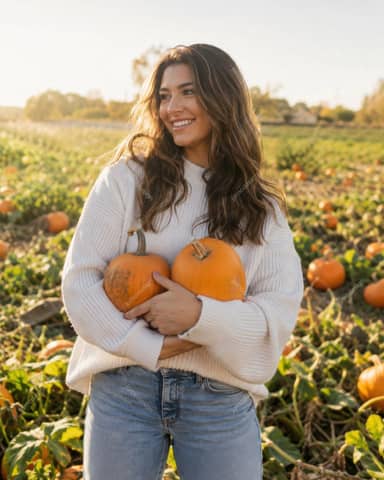 Mujer Llevando Calabazas En Campo De Calabazas Otoñal