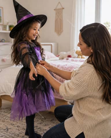 Mother And Daughter Preparing A Halloween Witch Costume At Home
