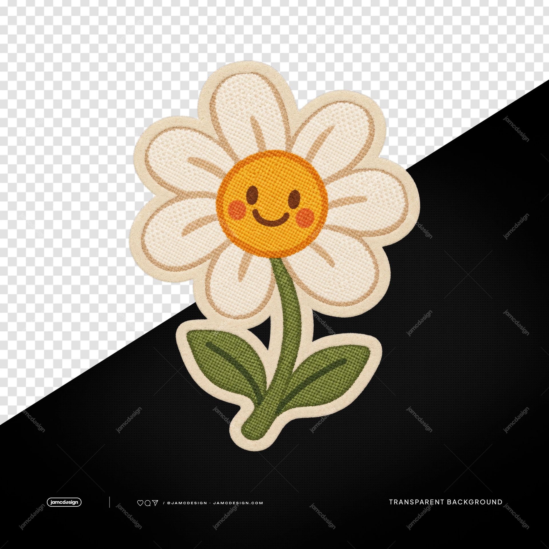 Margarita Bordada Con Cara Sonriente PNG. Una pegatina bordada de margarita sonriente en PNG, con pétalos color crema, un rostro naranja y hojas verdes