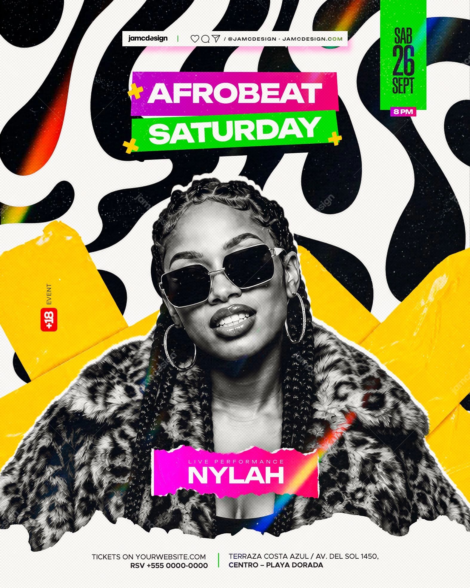 AfroBeat Night Flyer Template PSD Editable. Editable PSD event flyer template for an Afrobeat Saturday night, featuring a central woman