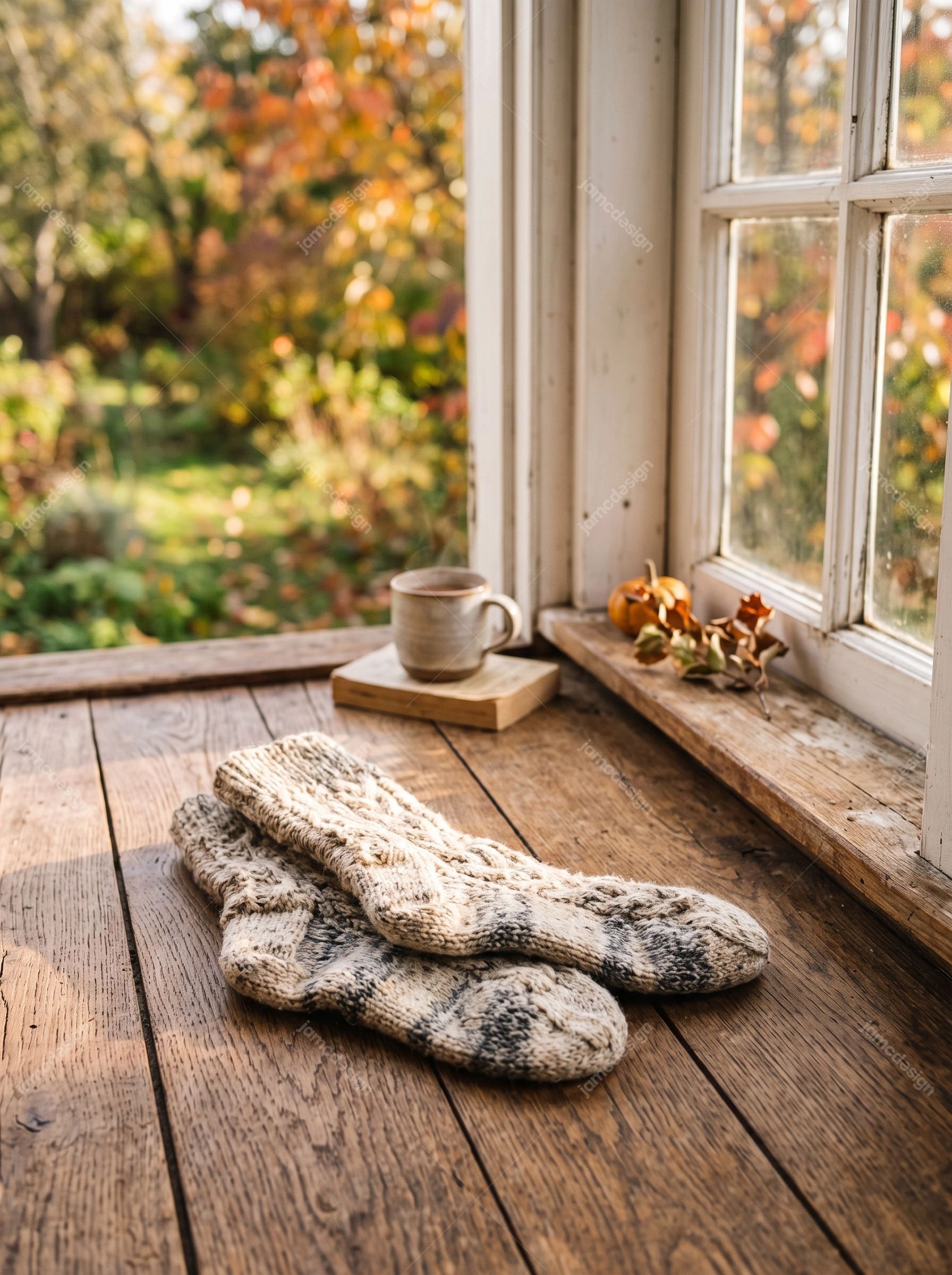 Chaussettes En Laine Douillettes Sur Sol En Bois Rustique. Cette photo JPG montre des chaussettes en laine tricotées posées sur un sol rustique en bois