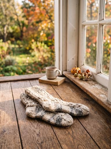 Cozy Wool Socks On Rustic Wooden Floor