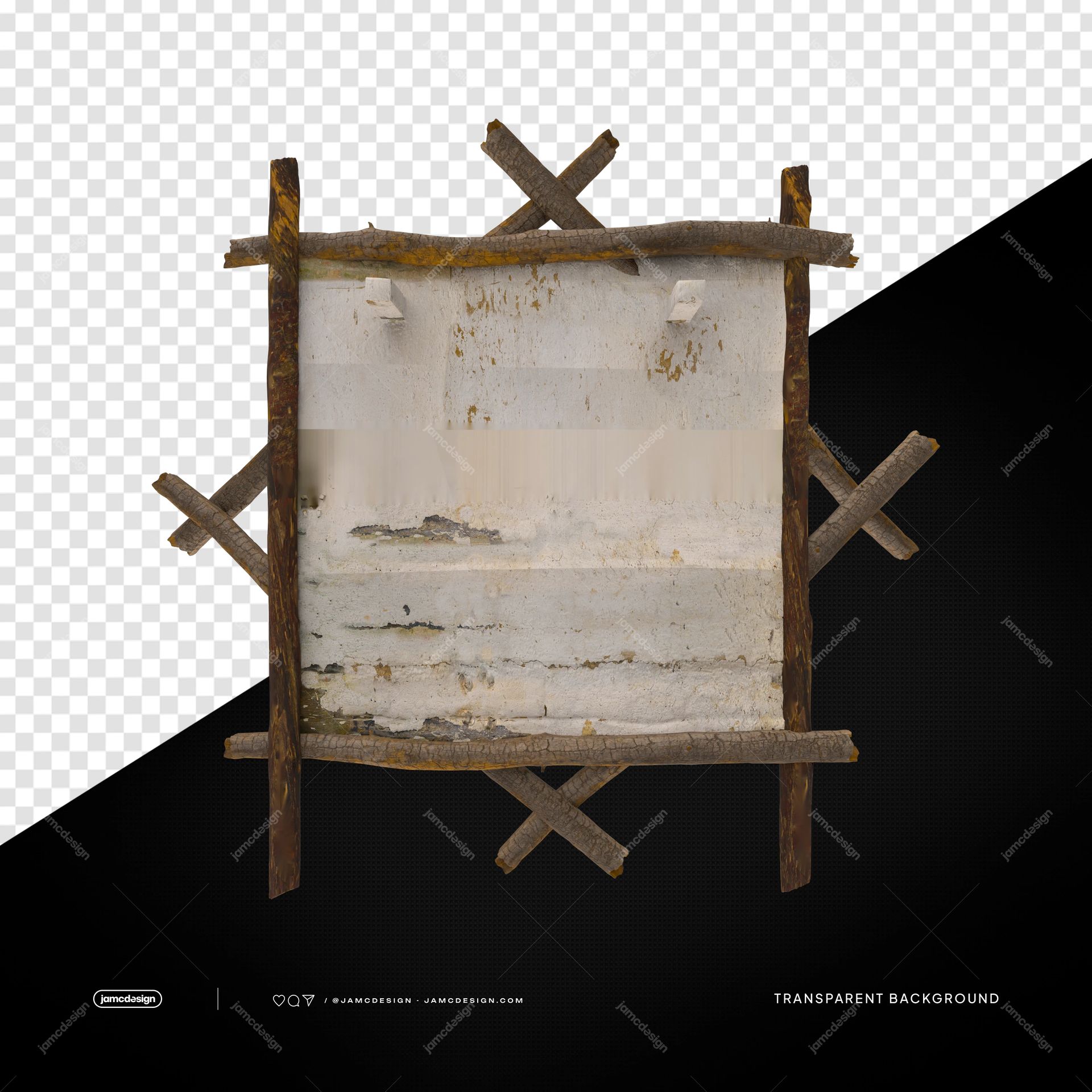 Cadre Rustique En Bois Et Plâtre Pour Panneau PNG. Cadre d’enseigne rustique en bois et plâtre, objet PNG transparent avec des branches rugueuses