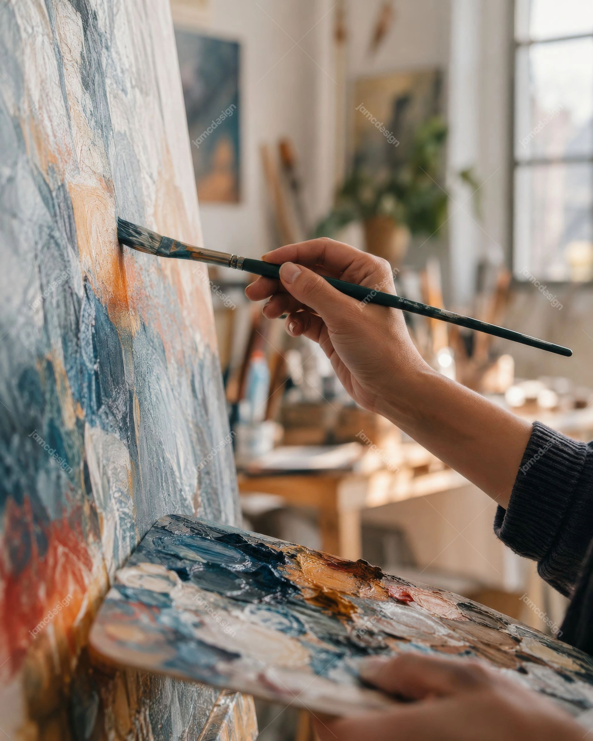 Artiste Peignant Une Toile Texturée En Gros Plan. Téléchargez cette photo JPG d’une personne peignant une toile texturée avec un pinceau et une palette
