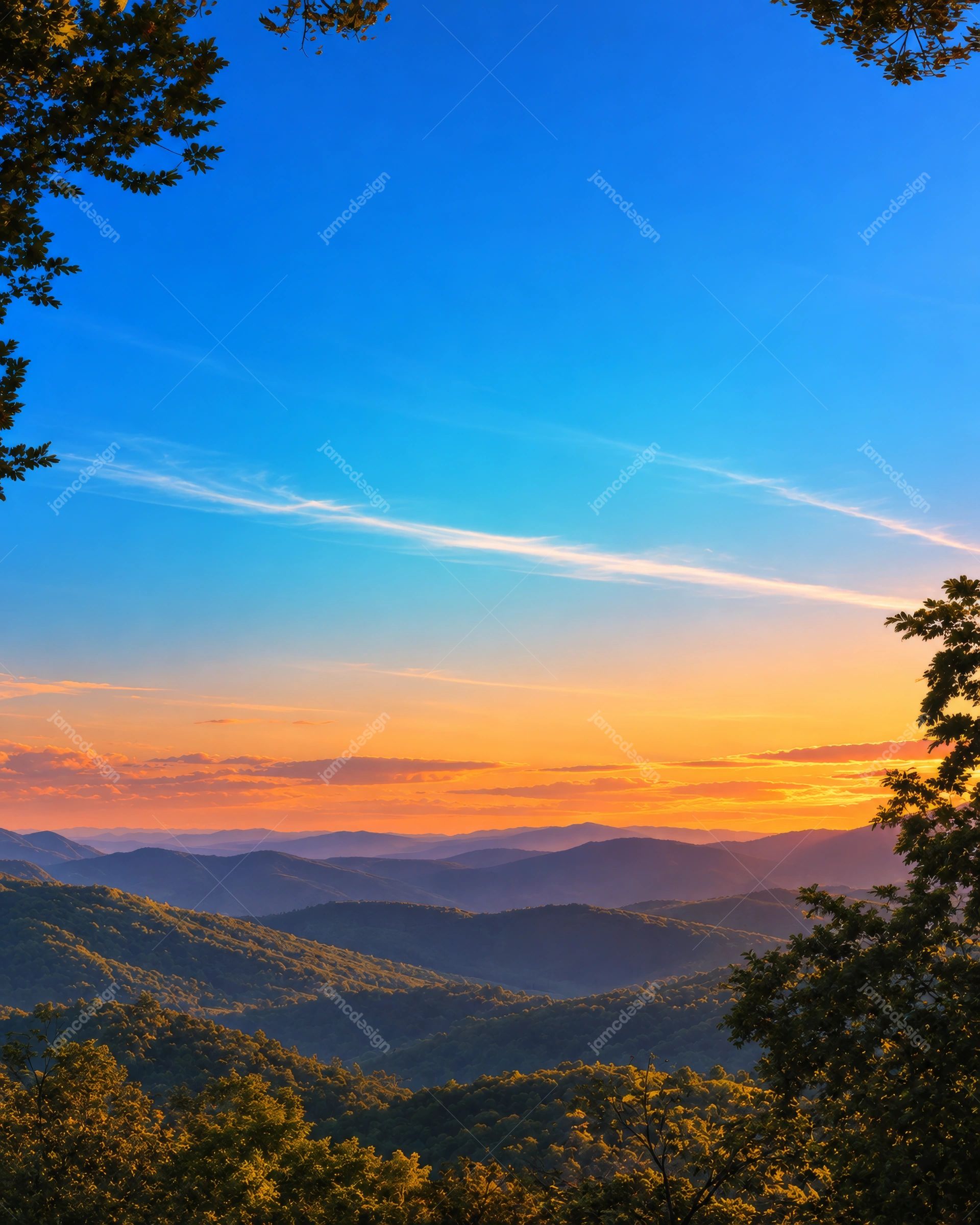 Blue Sky Mountain Sunset Background. Download this PNG background featuring layered mountain ridges beneath a blue sky and orange sunset