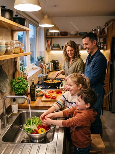 Family Cooking Dinner Together At Home
