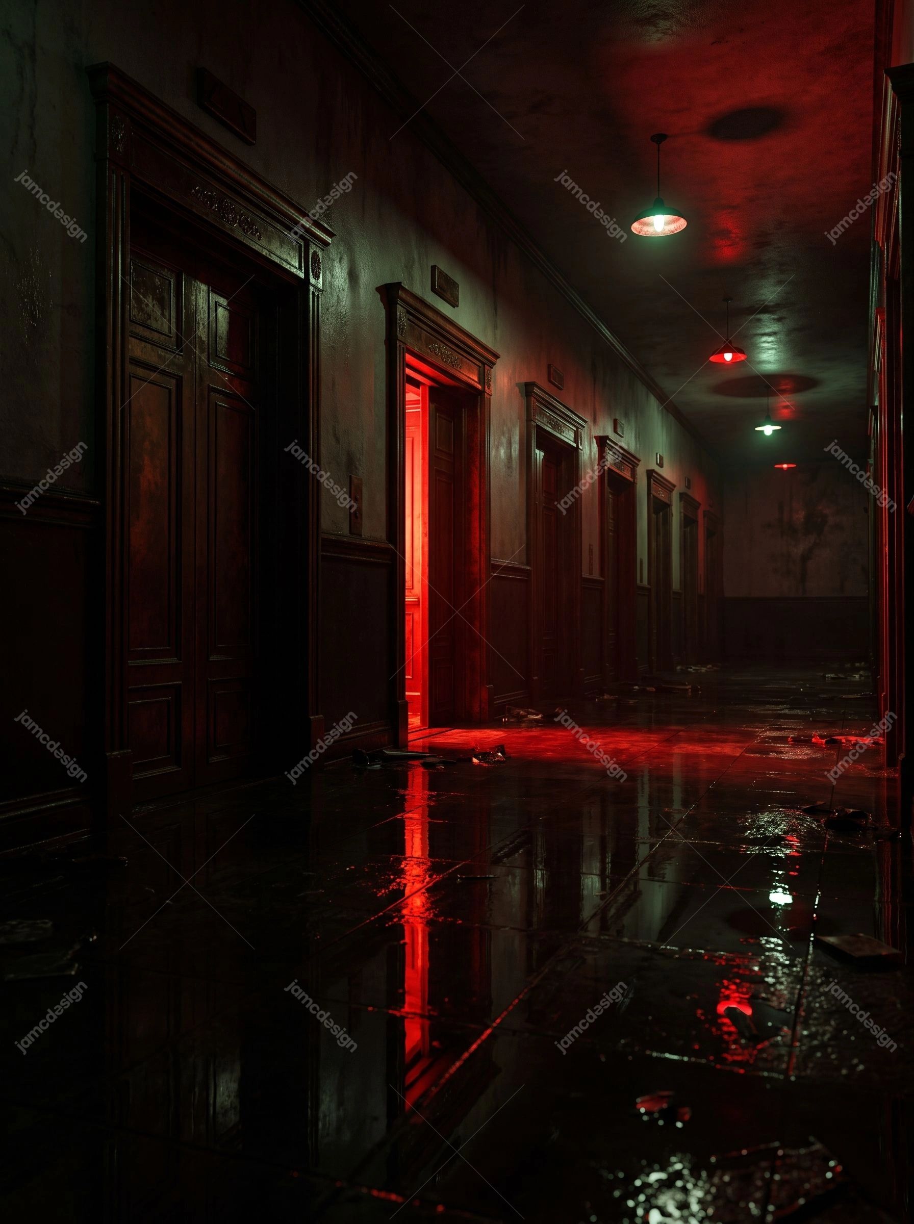 Red Teal Industrial Horror Hallway Dark Doors Background. JPG background showing a dark industrial hallway with ornate wooden doors