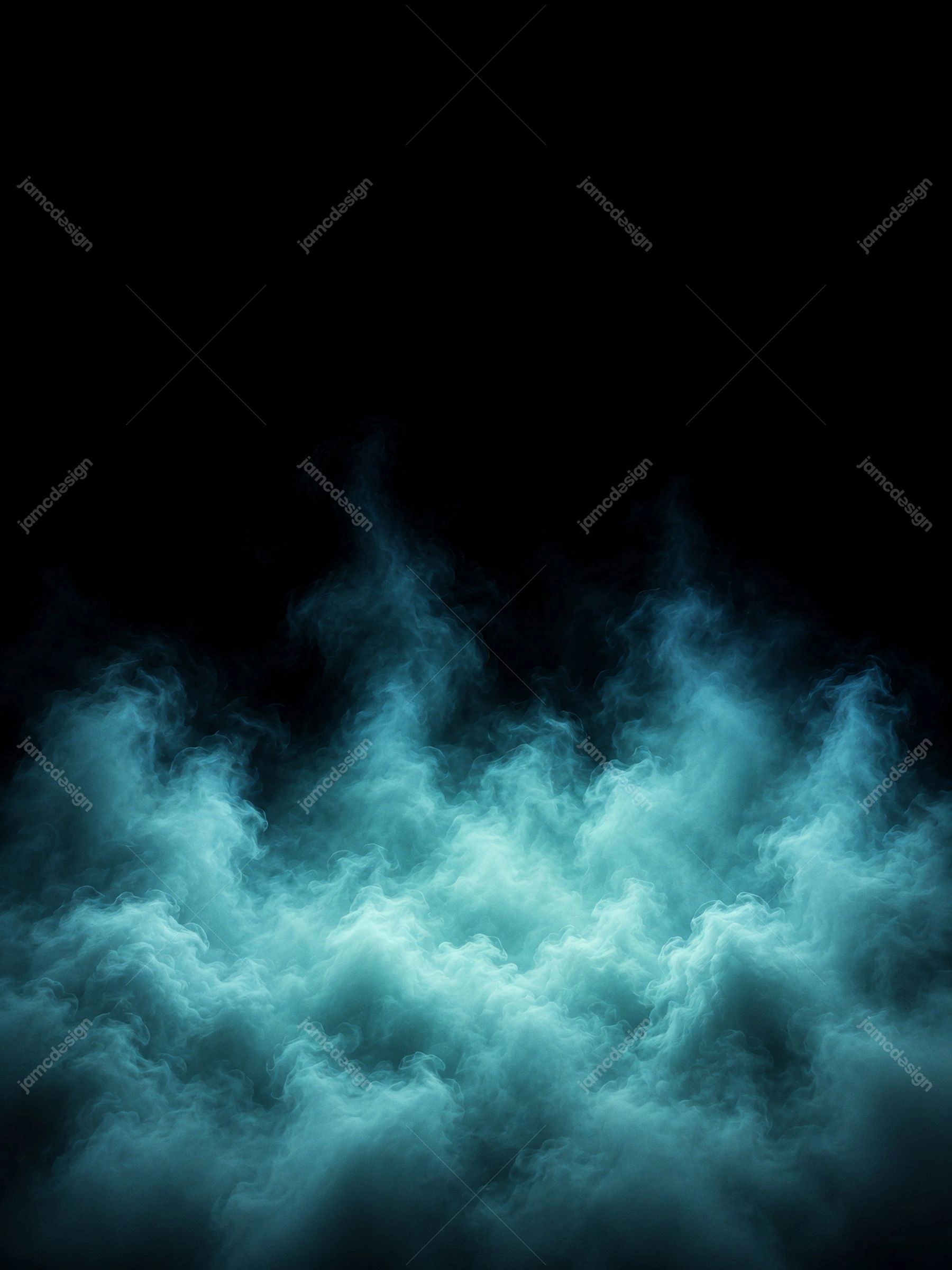 Cyan Mist Cloudscape Dark Background Vertical Luminous Smoke. This JPG overlay texture shows luminous cyan smoke clouds rising from a black background