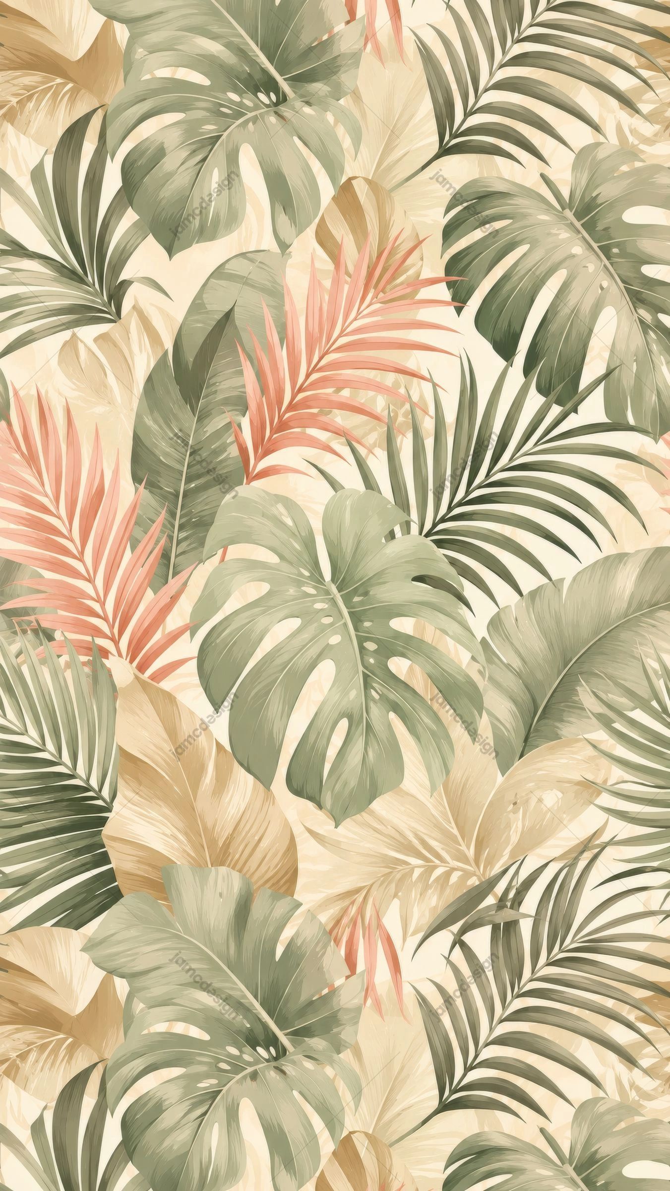 Vintage Tropical Leaves Botanical Pattern Background. JPG botanical pattern featuring overlapping palm and monstera leaves in muted green, cream and coral