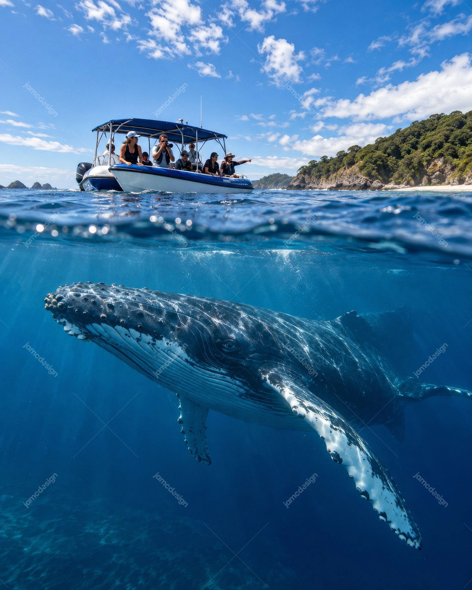 Humpback Whale Beneath Whale Watching Boat. This JPG photo captures a humpback whale beneath a small whale watching boat