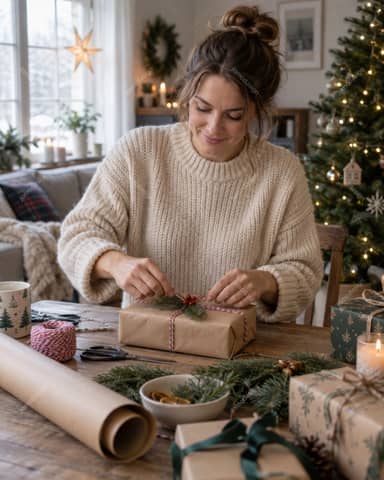 Woman Wrapping A Christmas Gift At Home