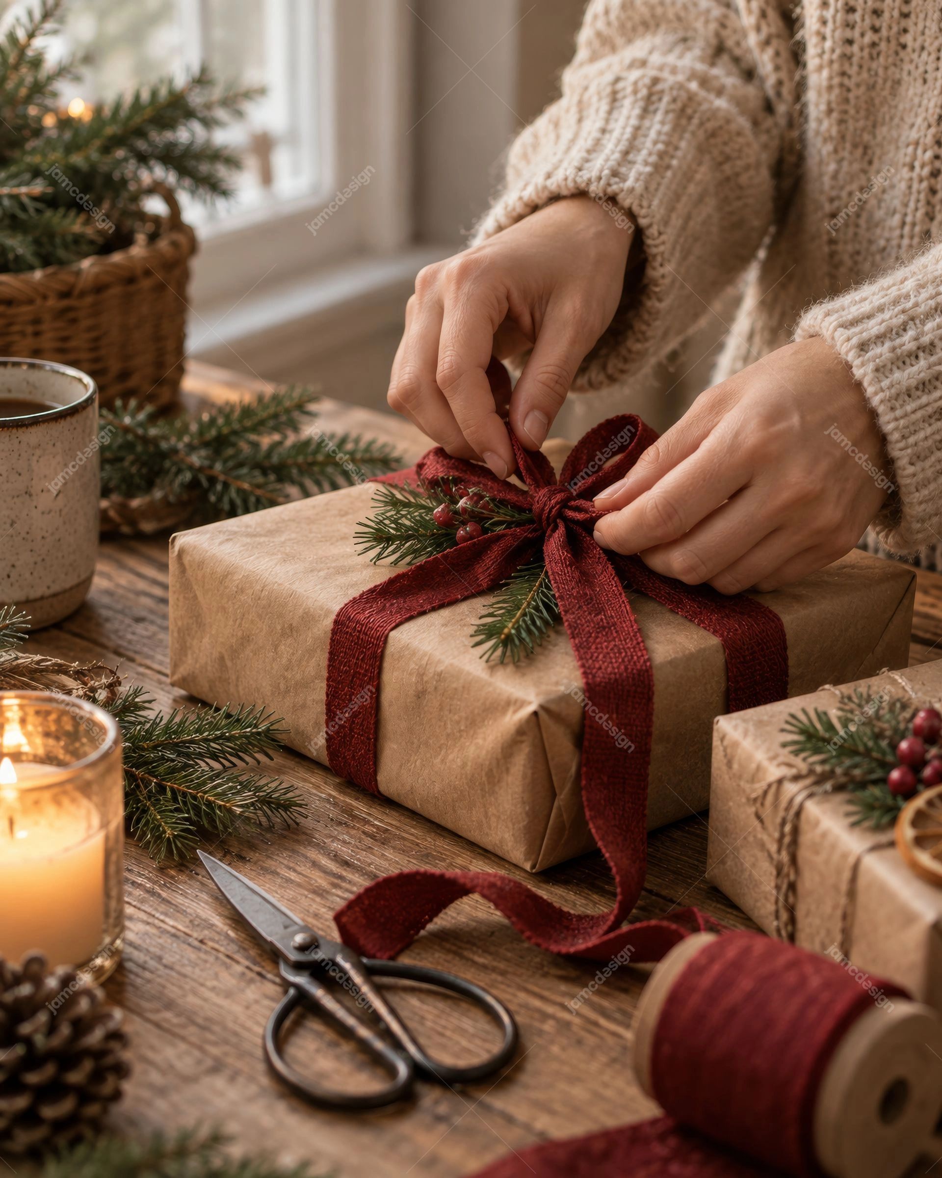 Mãos Decorando Um Presente De Natal De Papel Kraft Com Ramos De Abeto. Esta foto em JPG mostra mãos amarrando uma fita vermelha ao redor de um presente
