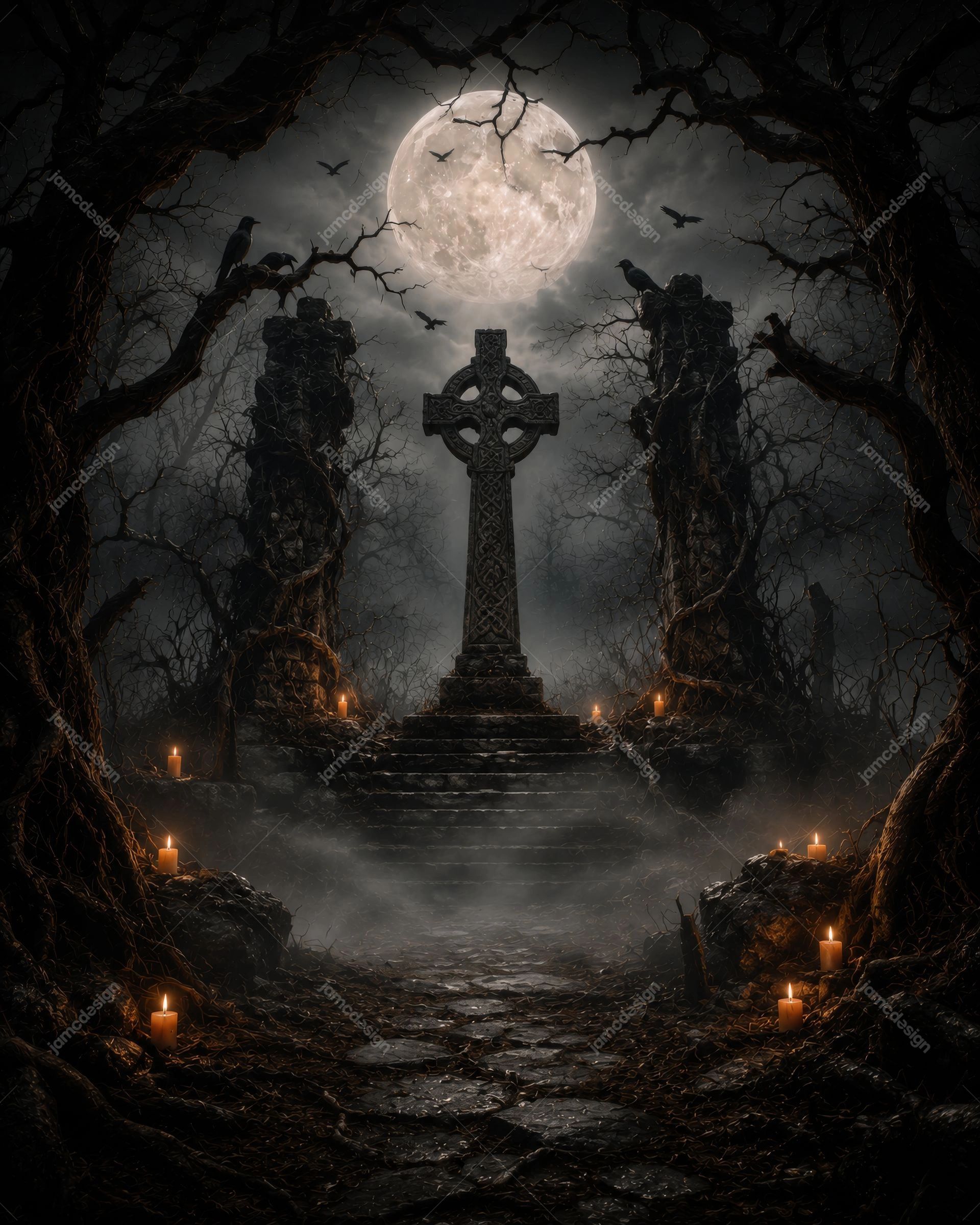 Foggy Chapel Entrance Full Moon Halloween Background. JPG background showing a stone cross on a candlelit stairway beneath a full moon