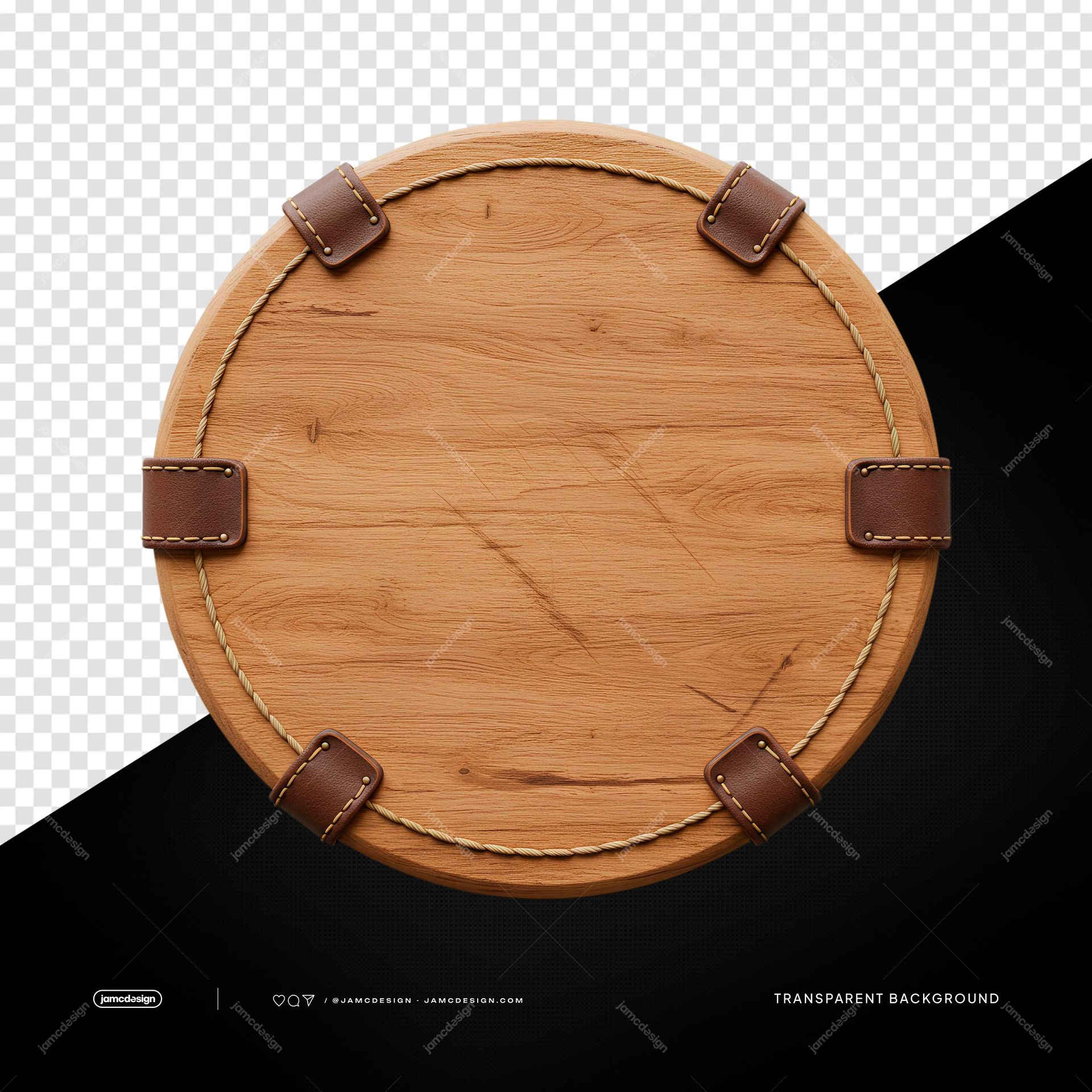 Light Wood Round Board With Leather Straps PNG Transparent. Transparent PNG object showing a round light wood board with visible grain, distressed marks