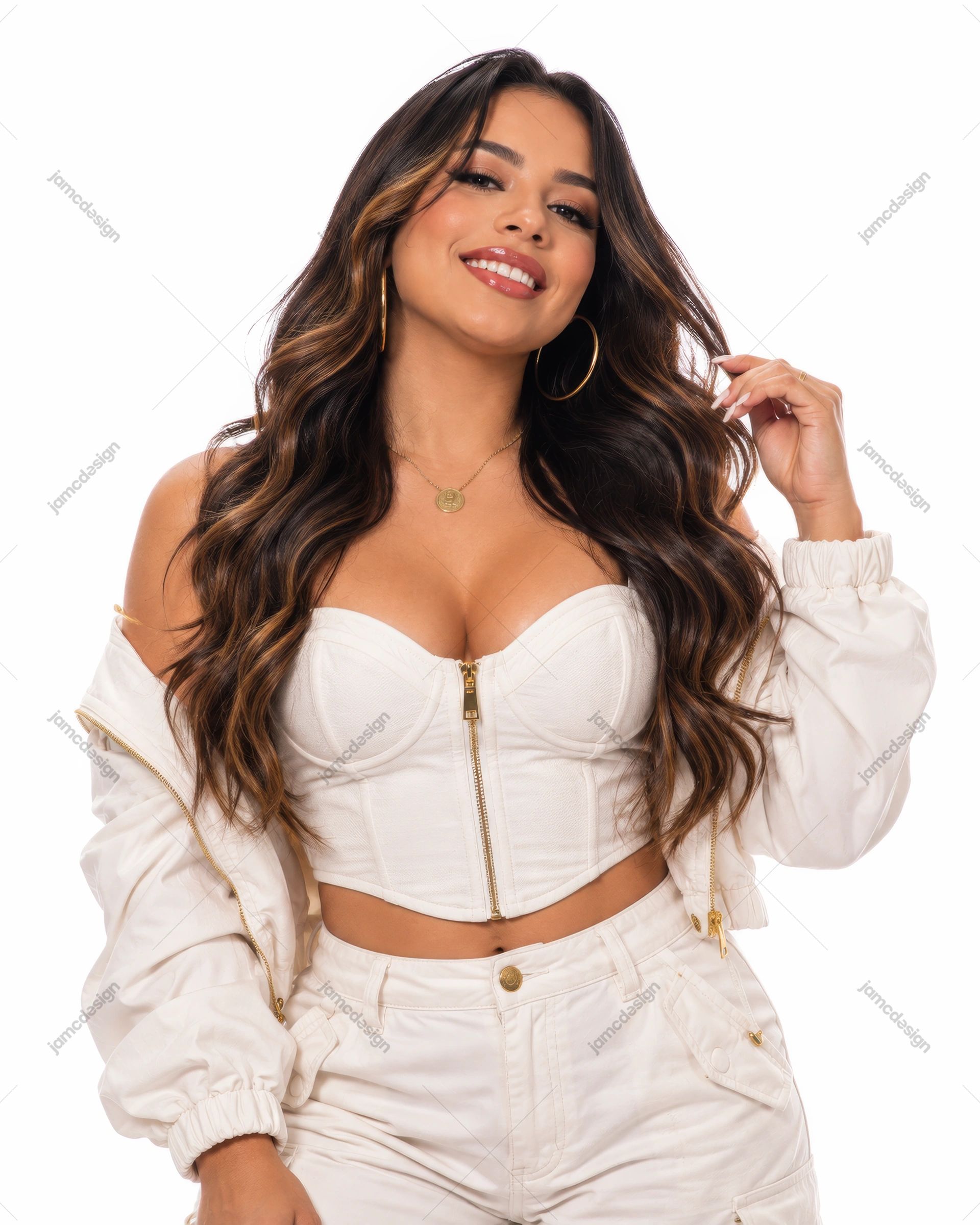 Woman In White Corset Top Studio Portrait. A studio PNG photo shows a smiling woman in a white cropped outfit