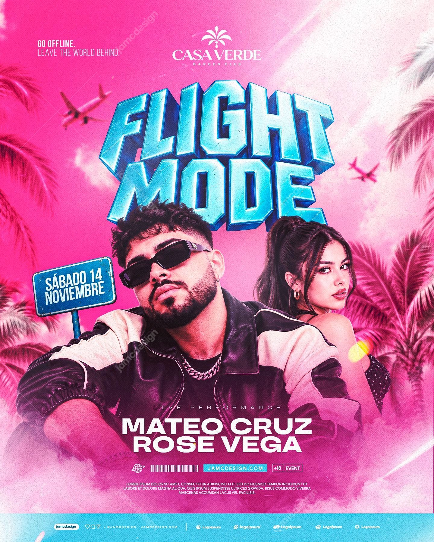 Flight Mode Pink Event Flyer Template PSD. This PSD event flyer pairs two figures with bold dimensional lettering