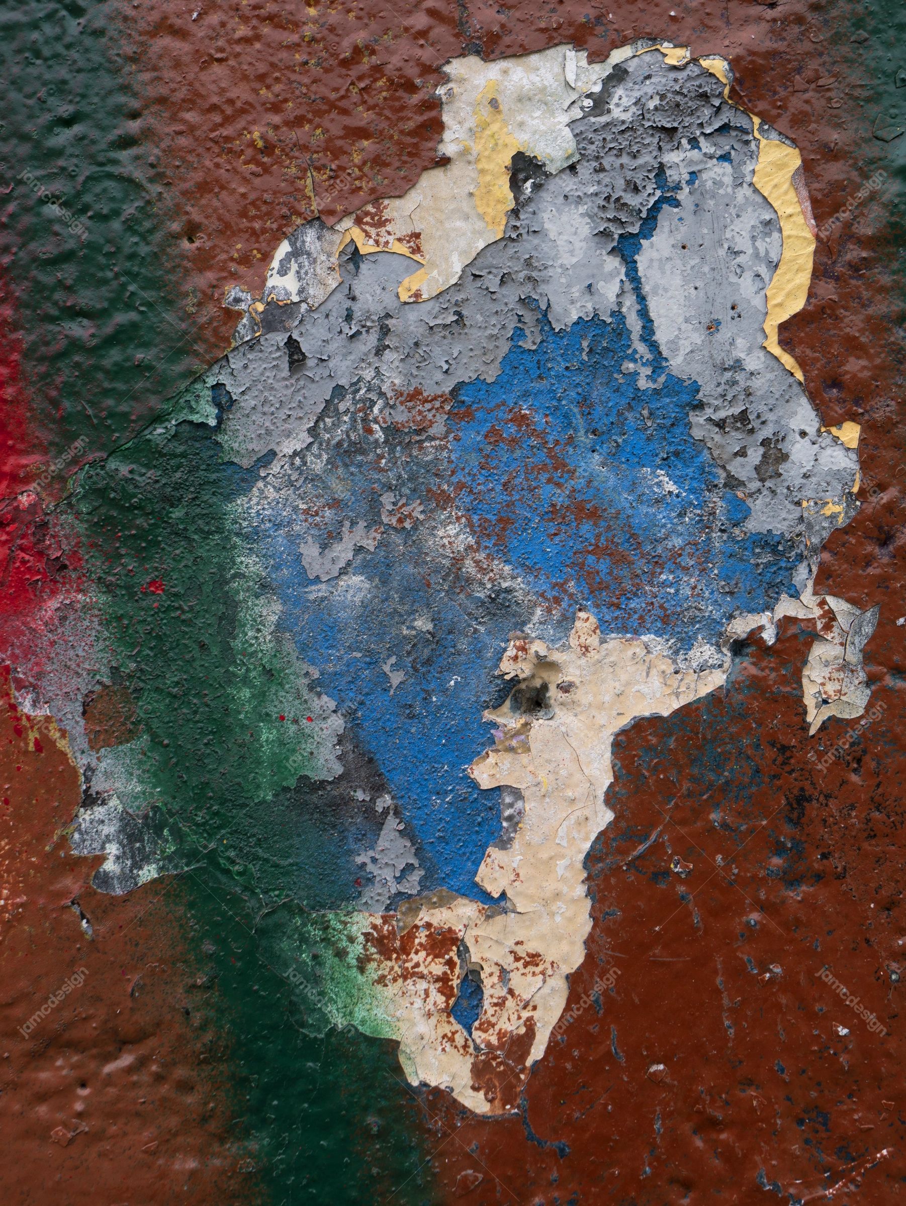 Multicolor Peeling Paint Wall Texture PNG. This PNG texture captures the appearance of peeling blue, green, rust red
