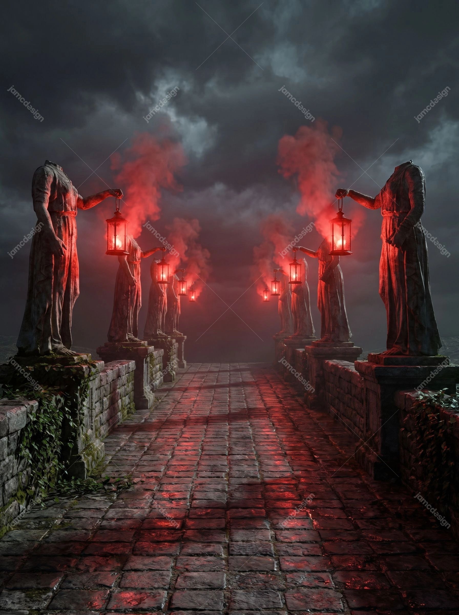 Headless Statues Red Lantern Path Crimson Stone Walkway Background. JPG background showing a brick walkway lined with headless stone statues holding red