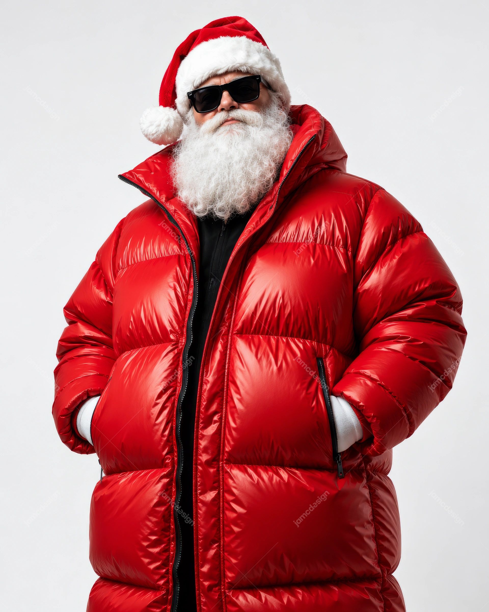Santa Claus In Red Puffer Jacket PNG. This PNG photo features a Santa Claus figure wearing a glossy red puffer jacket, a red hat and dark sunglasses