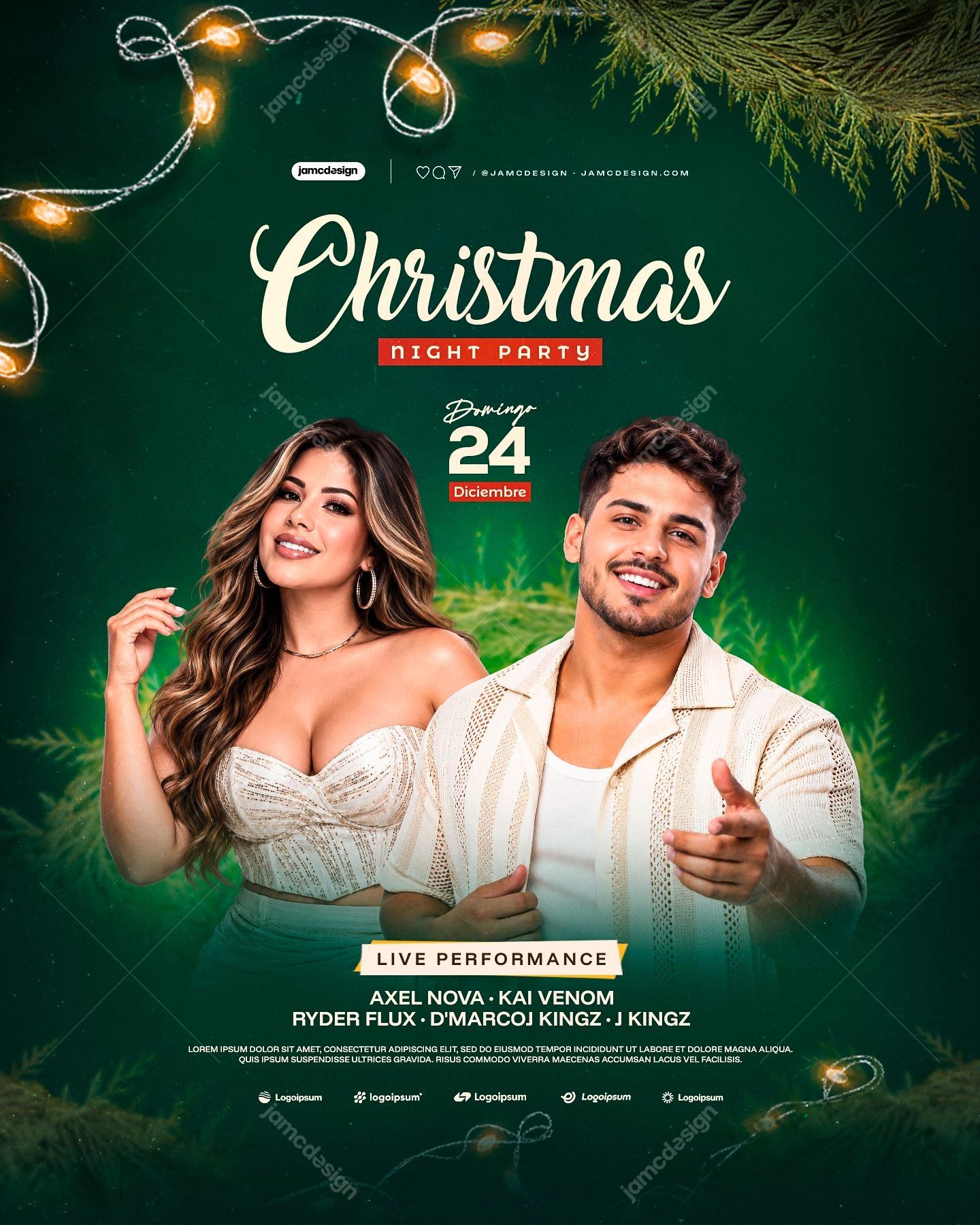 Modelo De Flyer De Festa De Natal Em Verde Escuro PSD. Este modelo de flyer de evento de Natal em PSD combina duas figuras sorridentes com folhagens perenes