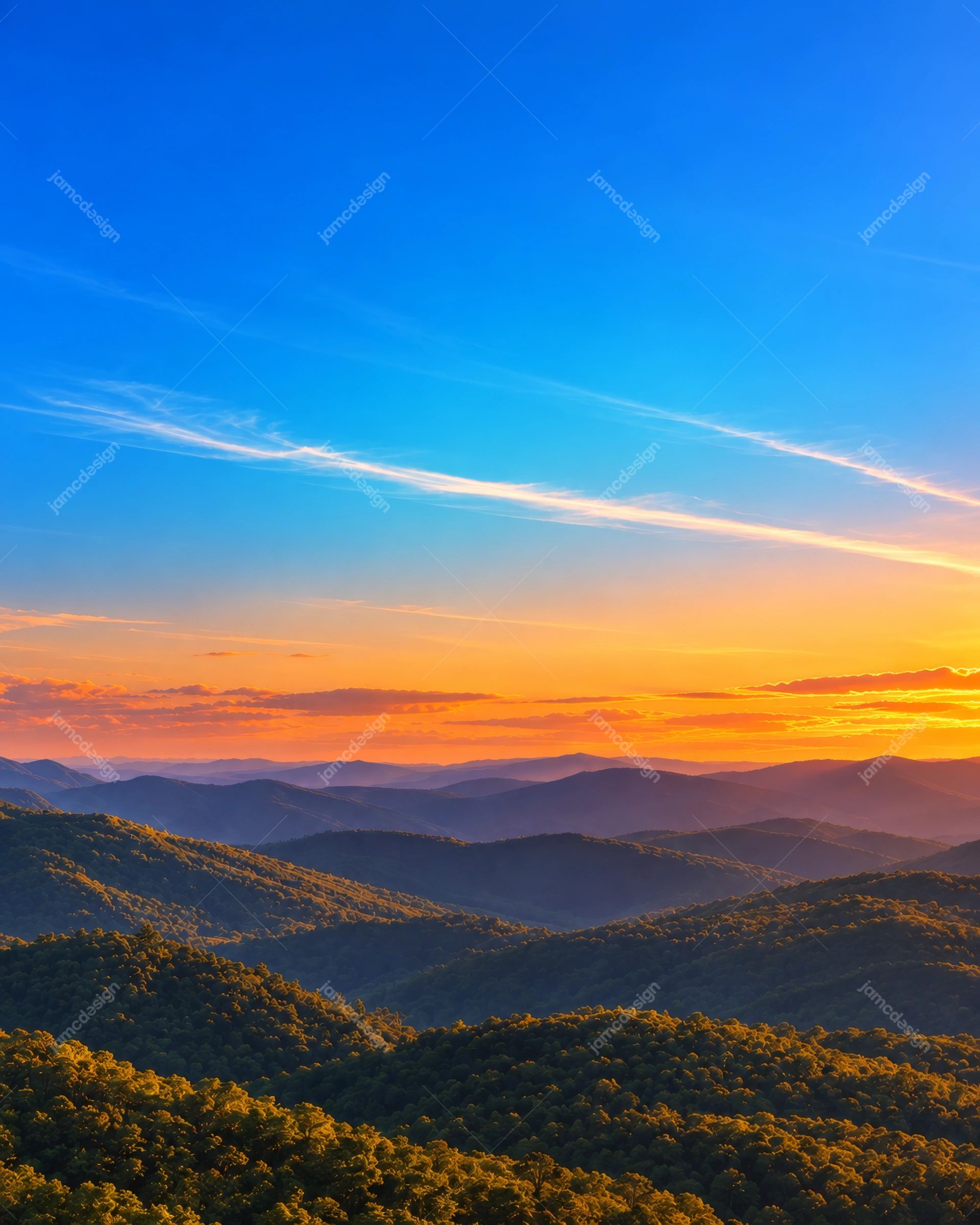 Sunset Over Mountain Ridges Background. This PNG background shows layered mountain ridges and forested hills beneath a vivid blue sky with orange sunset