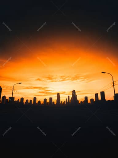 Fond PNG De Route Et Silhouette Urbaine Au Coucher Du Soleil Orange