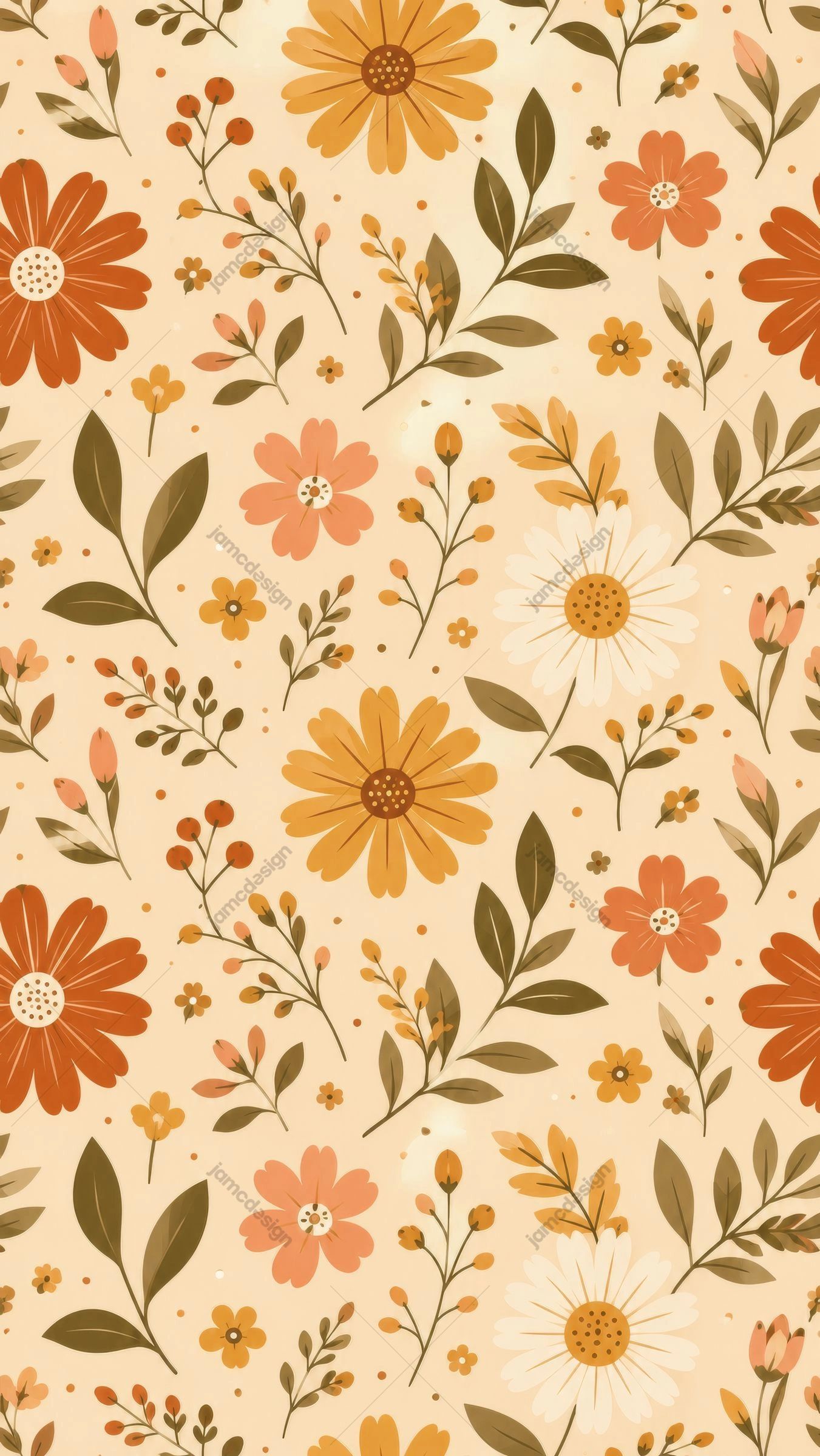 Retro Floral Orange Botanical Pattern Background. JPG floral botanical pattern background in a retro palette of orange, cream and olive