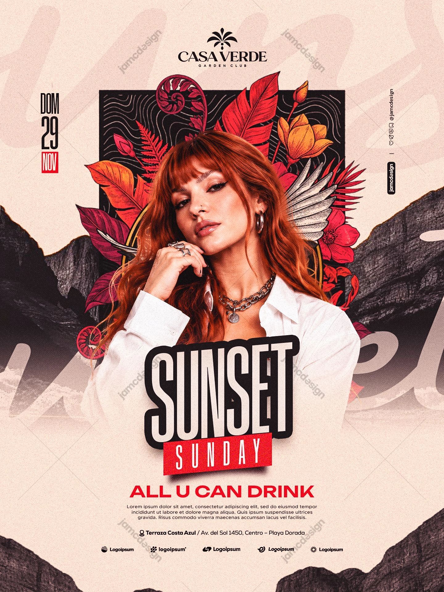 Sunset Sunday Tropical Foliage Flyer Template PSD. This editable PSD event flyer pairs an image of a woman with vivid tropical leaves and a mountain backdrop