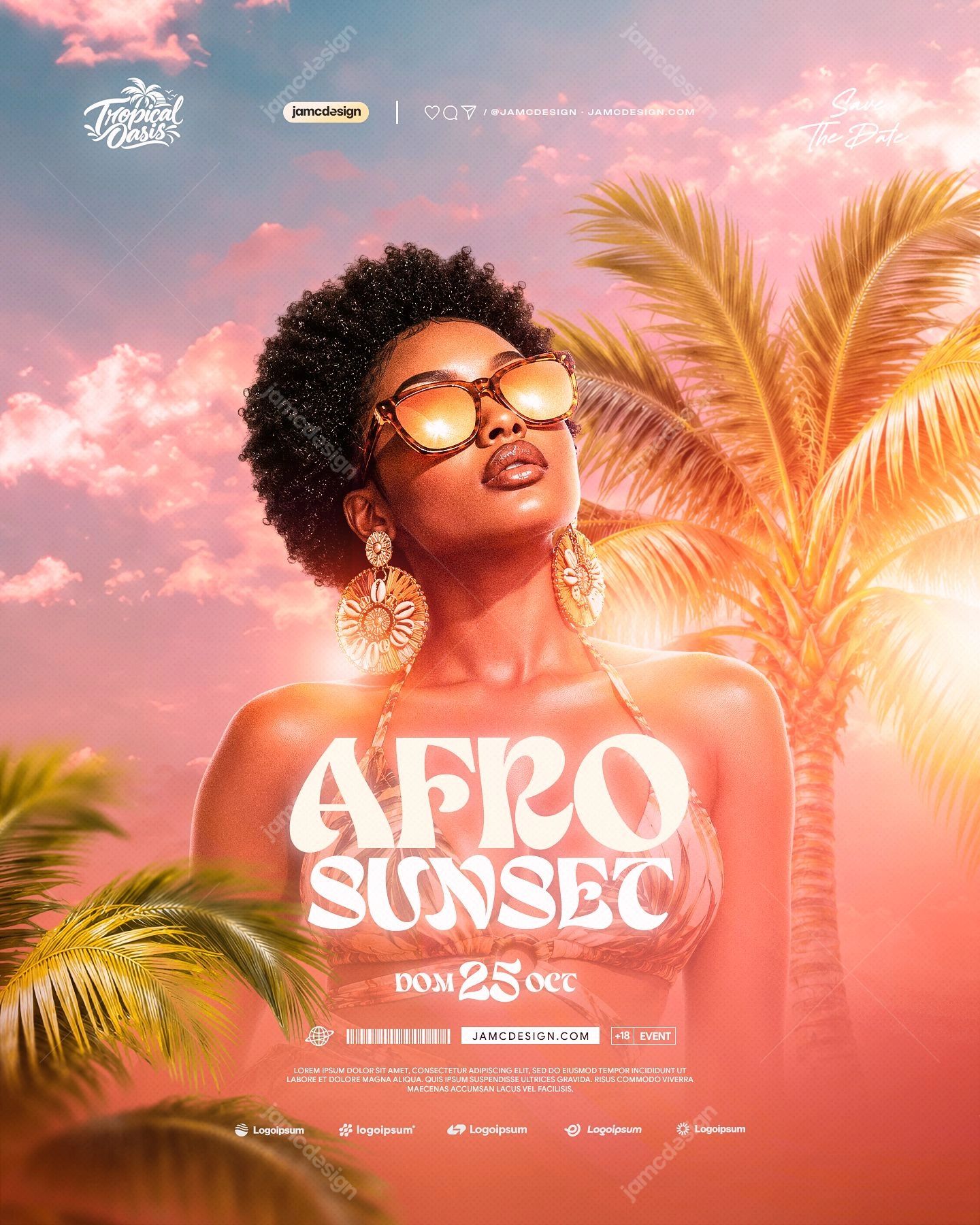Afro Sunset Party Flyer Template PSD. Download this editable PSD event flyer template featuring a woman with natural afro hair and round sunglasses