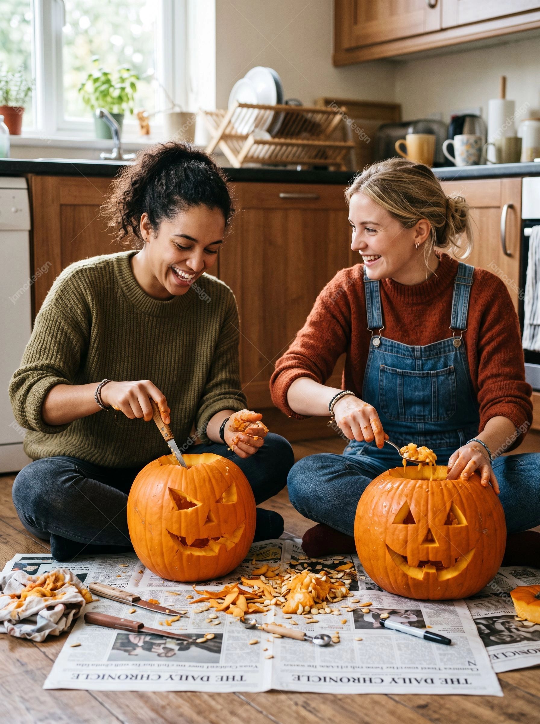 Two Women Carving Halloween Pumpkins Together. This realistic JPG photo captures two women carving jack o lanterns together on a kitchen floor