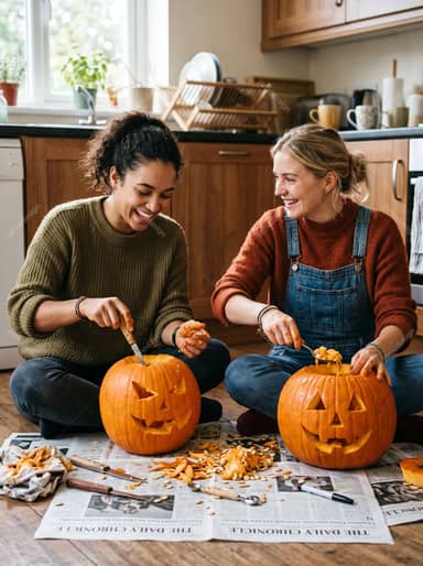 Two Women Carving Halloween Pumpkins Together