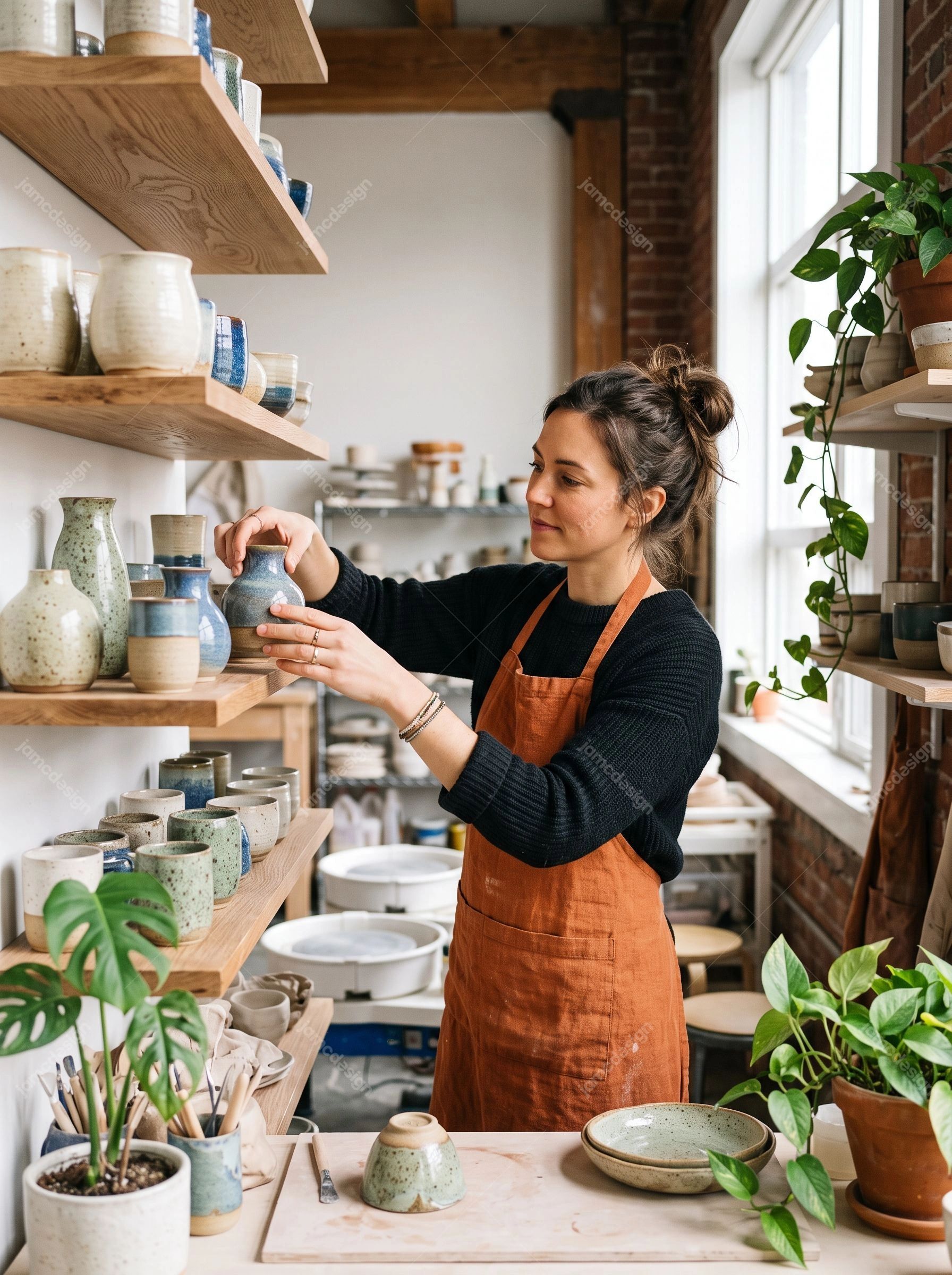 Woman Arranging Ceramic Vessels On Wooden Shelves. Download this JPG photo of a woman organizing handmade ceramic vessels in a bright studio shop