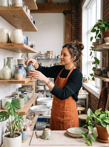 Woman Arranging Ceramic Vessels On Wooden Shelves