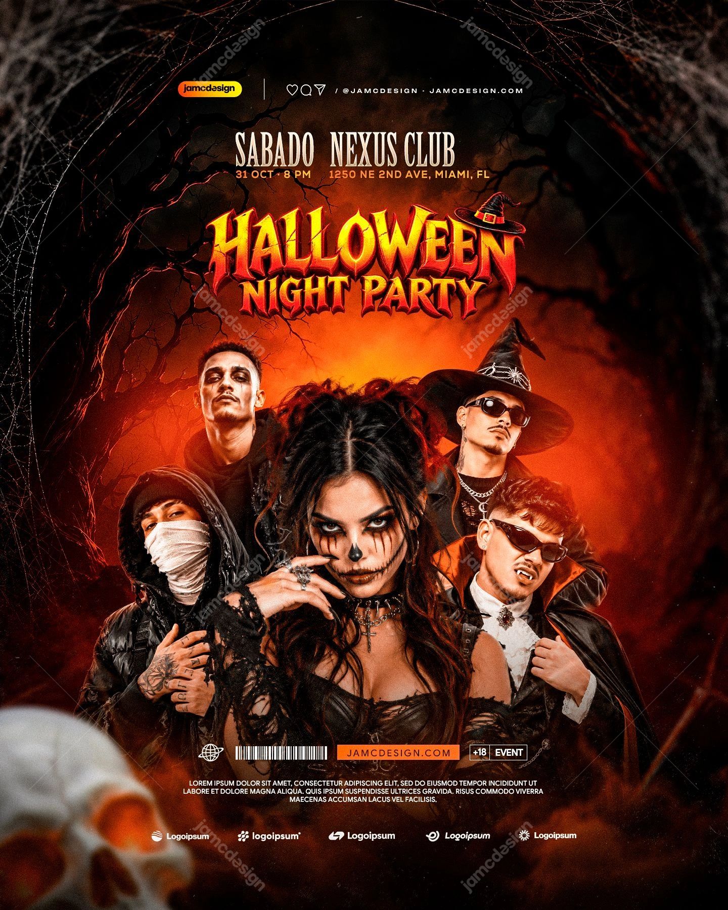 Costume Party Halloween Flyer Template PSD. This PSD event flyer presents a Halloween night party with costumed men and women against fiery orange and red