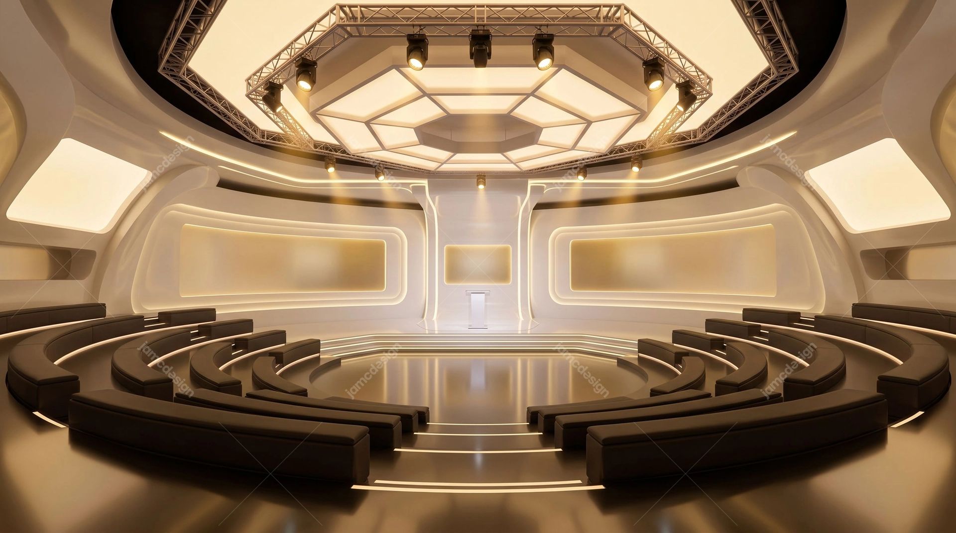 Golden Futuristic Auditorium With Curved Seating. Download this JPG background showing a futuristic golden auditorium with curved seating