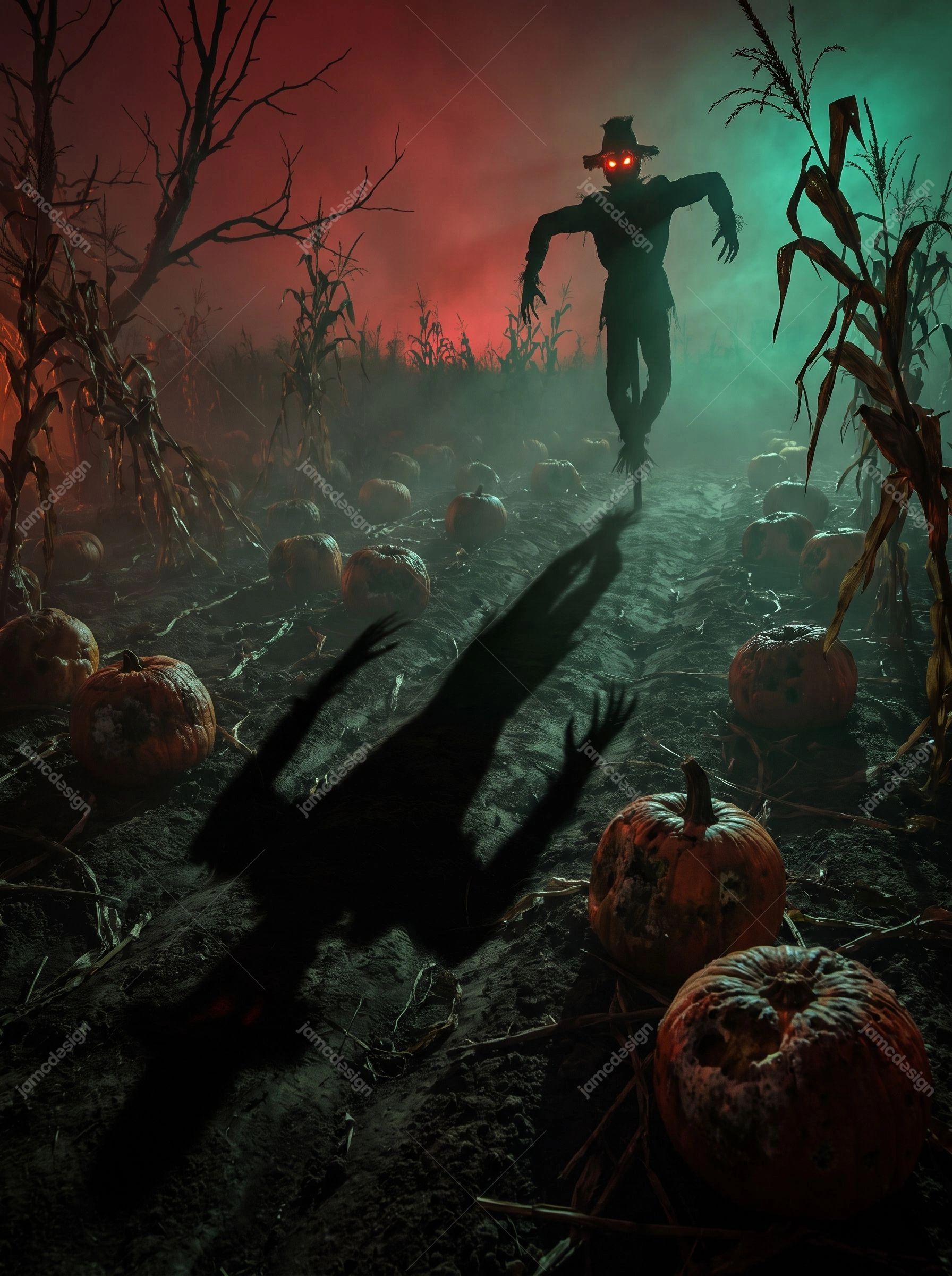 Glowing Eyed Scarecrow In Pumpkin Field Teal Fog Silhouette Background. JPG background showing a glowing eyed scarecrow silhouette among pumpkins and bare