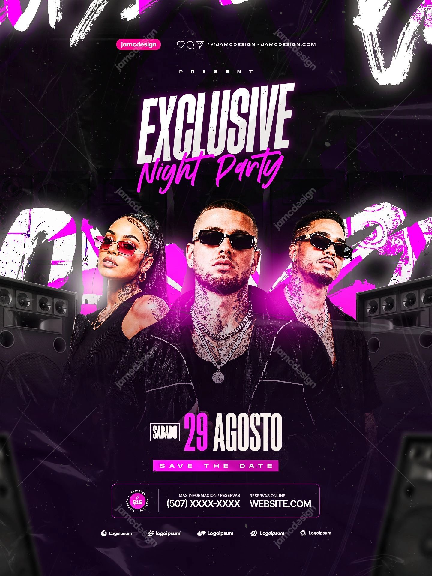 Exclusive Night Flyer PSD Template Editable. Editable PSD event flyer for a Saturday-night party, featuring three fashionably dressed people