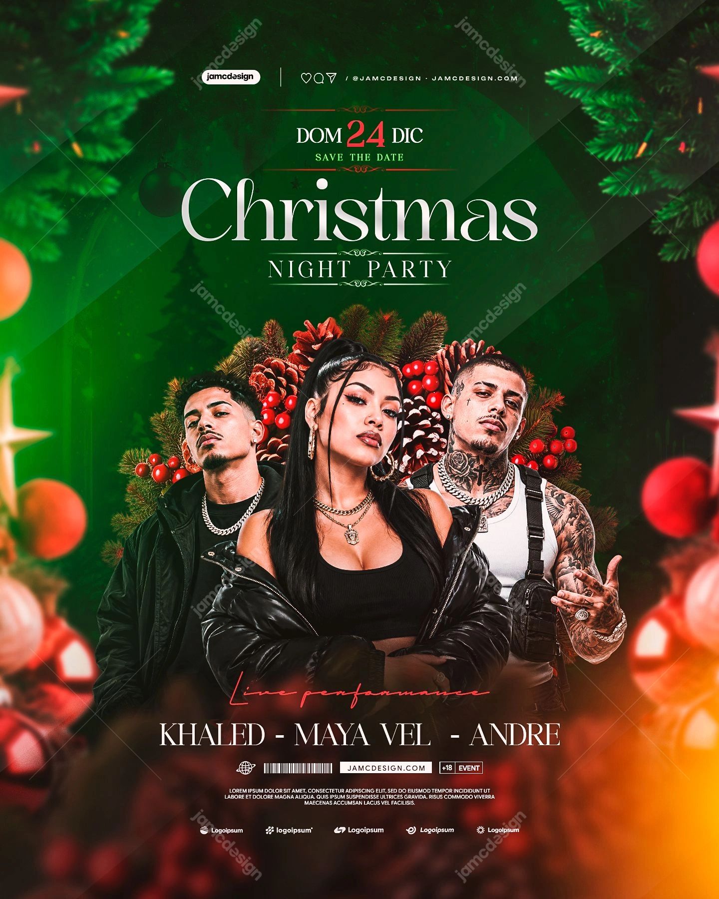 Christmas Night Party Flyer Template PSD. This PSD event flyer features three fashion styled performers framed by evergreen branches
