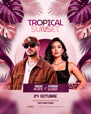 Tropical Leaves Sunset Party Flyer Template PSD