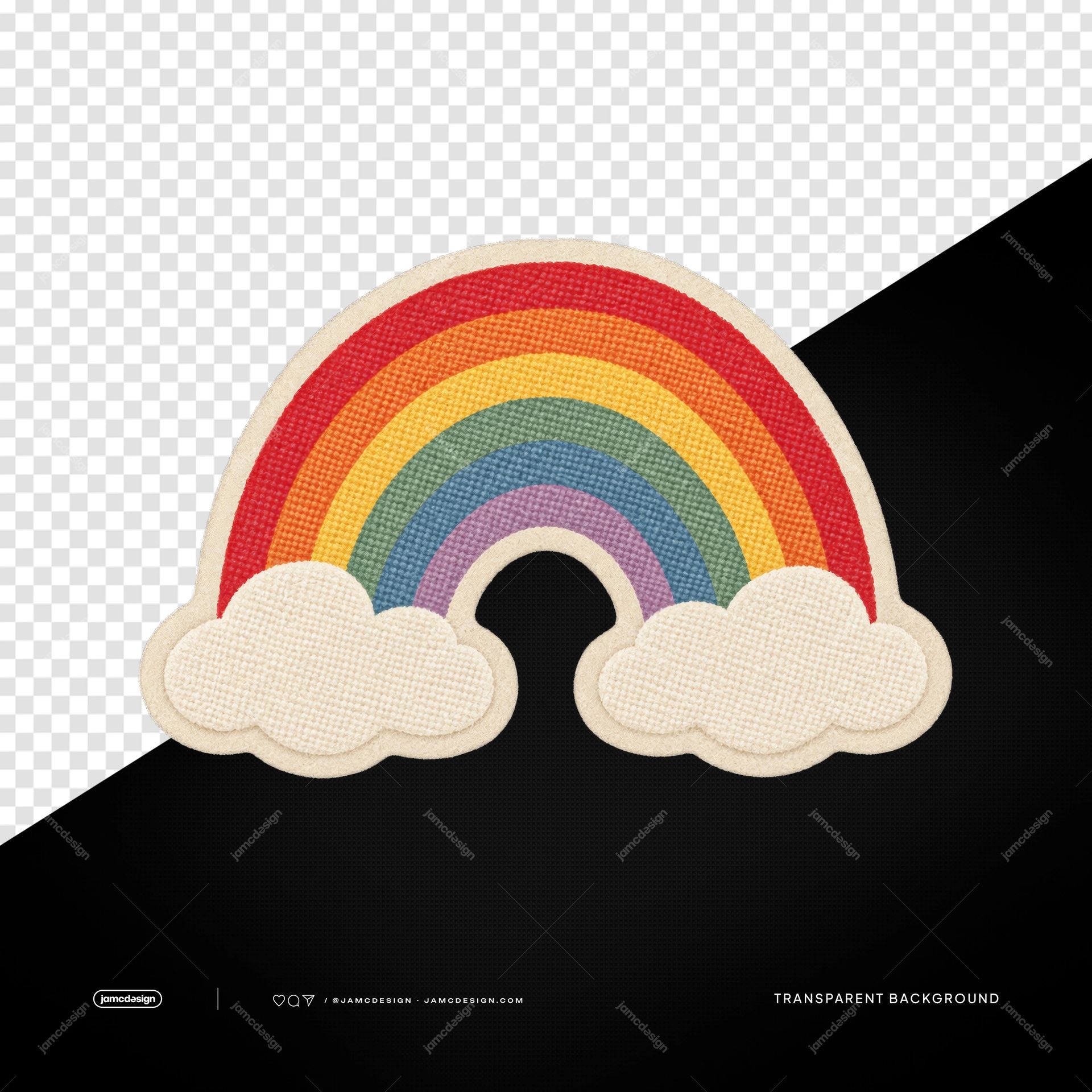 Pegatina Bordada De Arcoíris Y Nubes PNG. Descarga este objeto PNG transparente de un arcoíris entre dos nubes color crema con textura