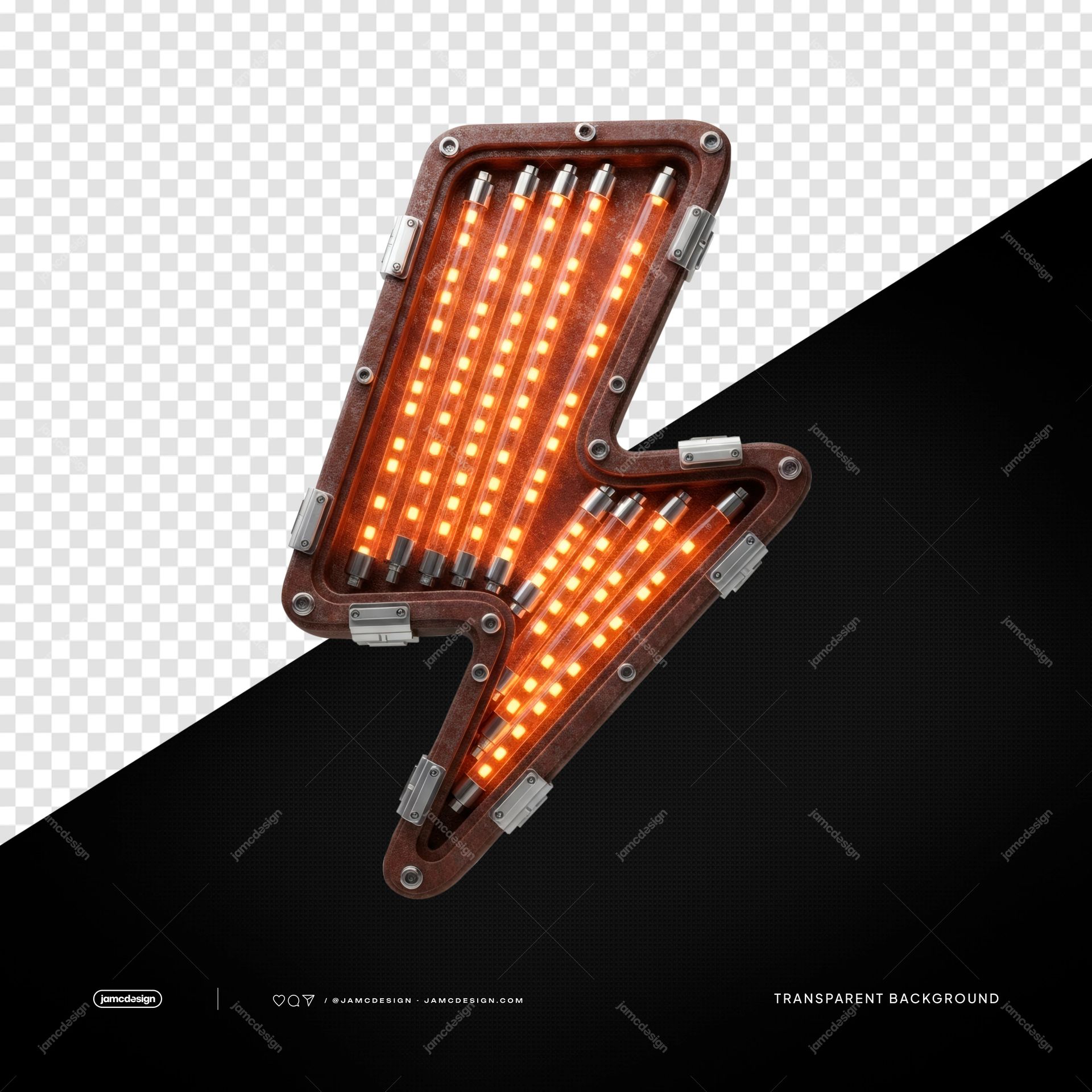 Orange Neon Lightning Bolt Light Glowing Metal Fixture PNG Transparent. This transparent PNG object shows an orange lightning bolt fixture built from glowing