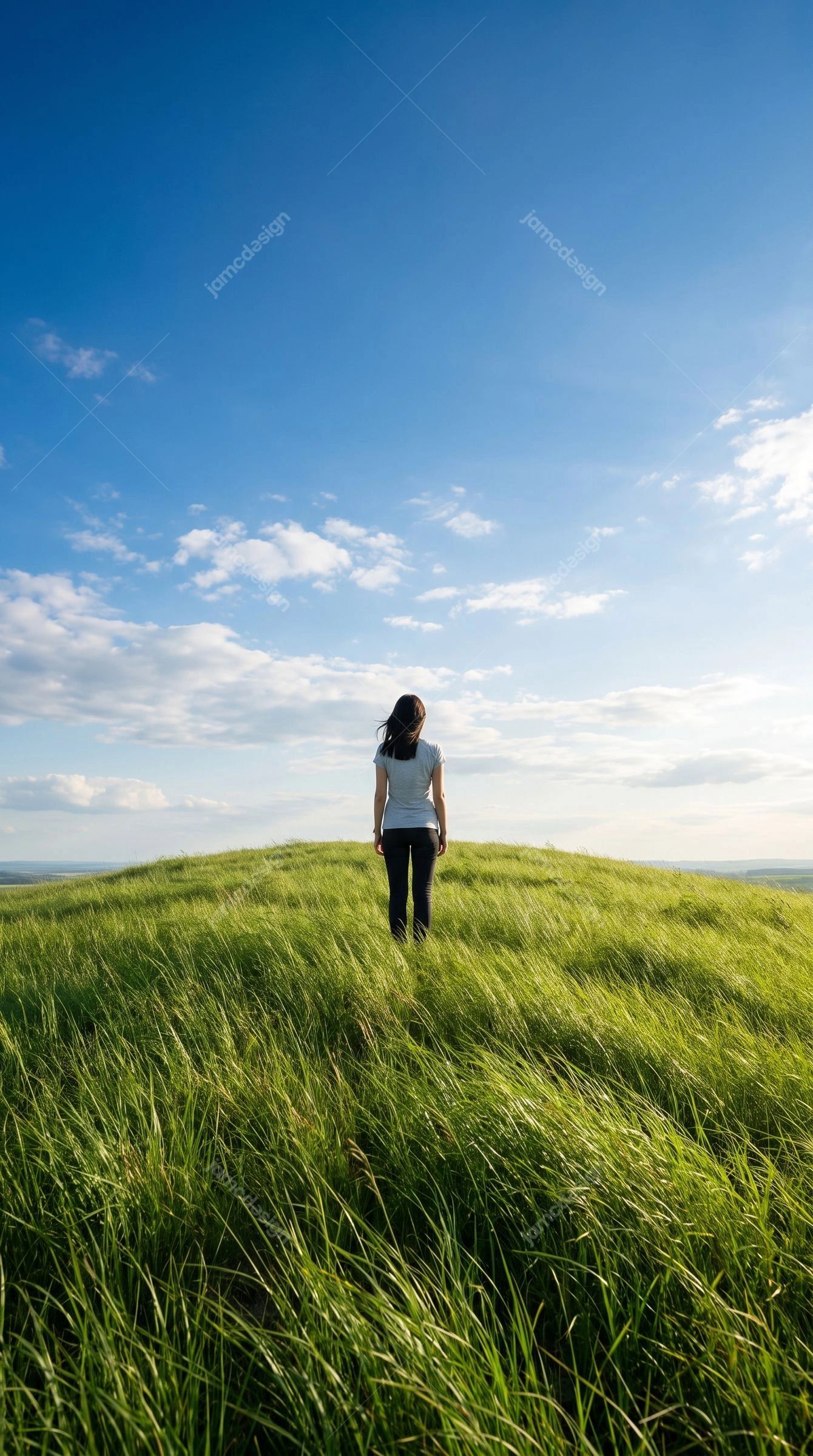 Photo Of A Woman In A Sunlit Grassy Field. This JPG photo captures a woman standing in a sunlit grassy field beneath a bright blue sky