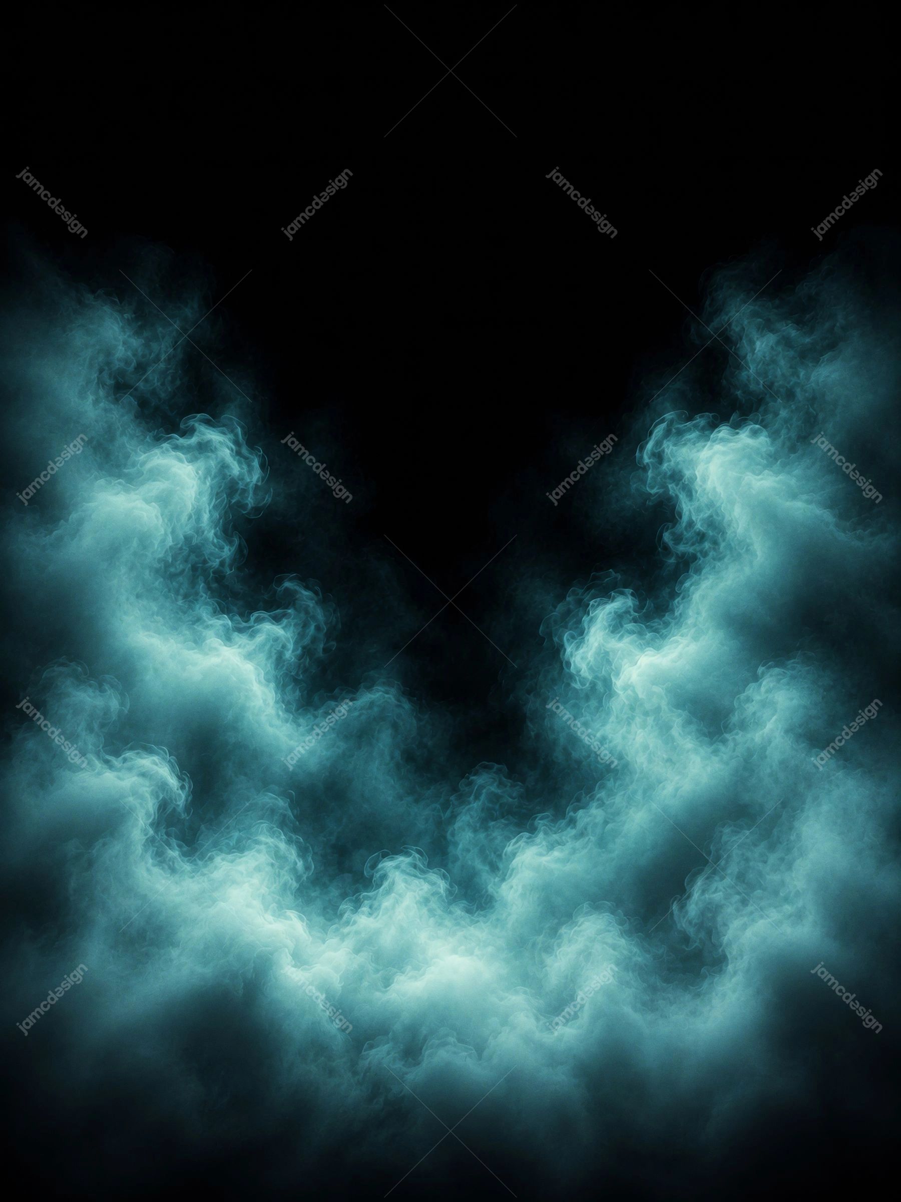 Teal Smoke Clouds Framing Dark Copy Space Vertical Black Center. This JPG overlay texture shows luminous teal smoke clouds curling around a broad black center