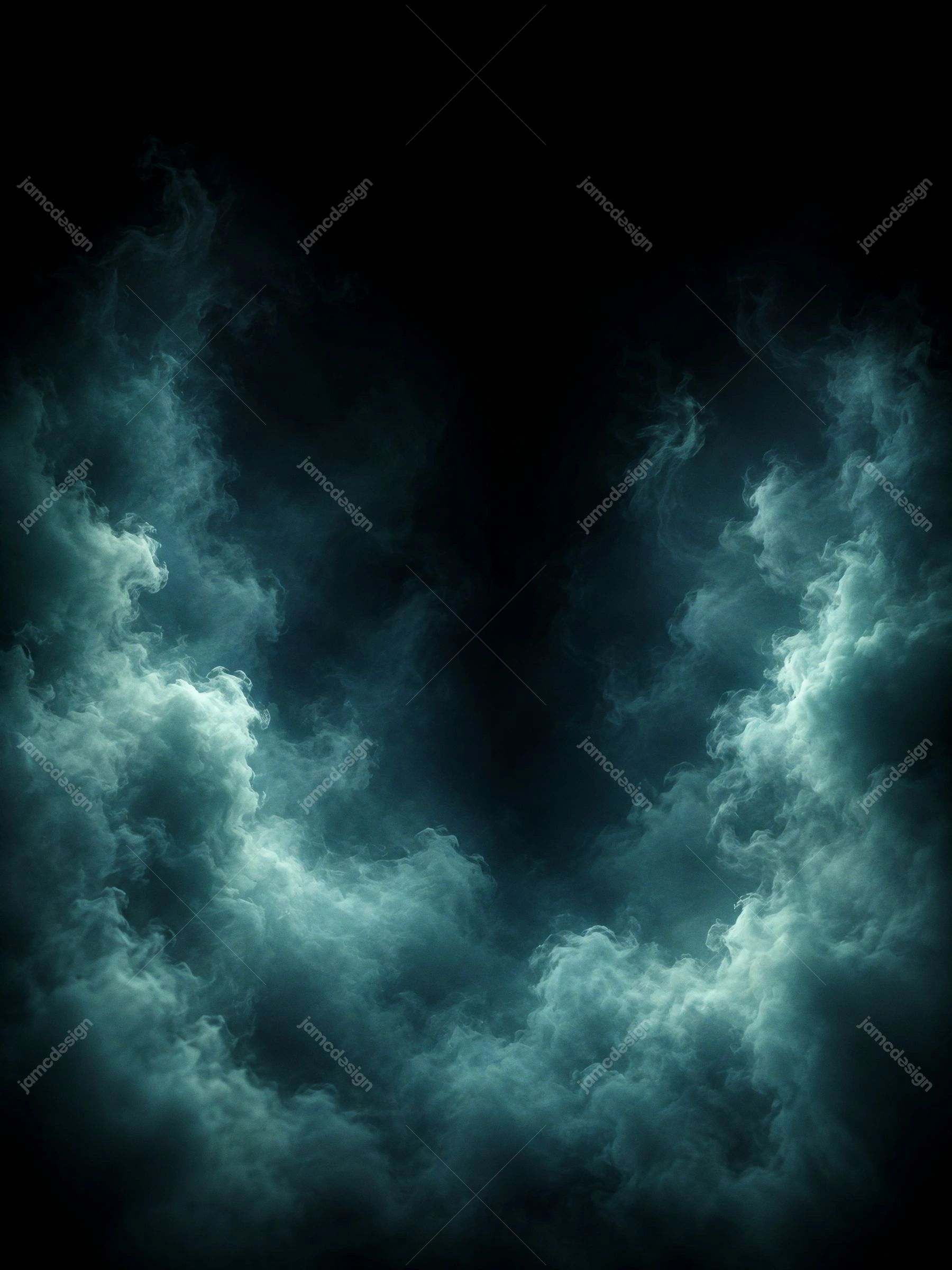 Teal Smoke Clouds Framing Dark Center Background Vertical Teal Texture. JPG overlay texture featuring teal smoke clouds curling around a deep black center