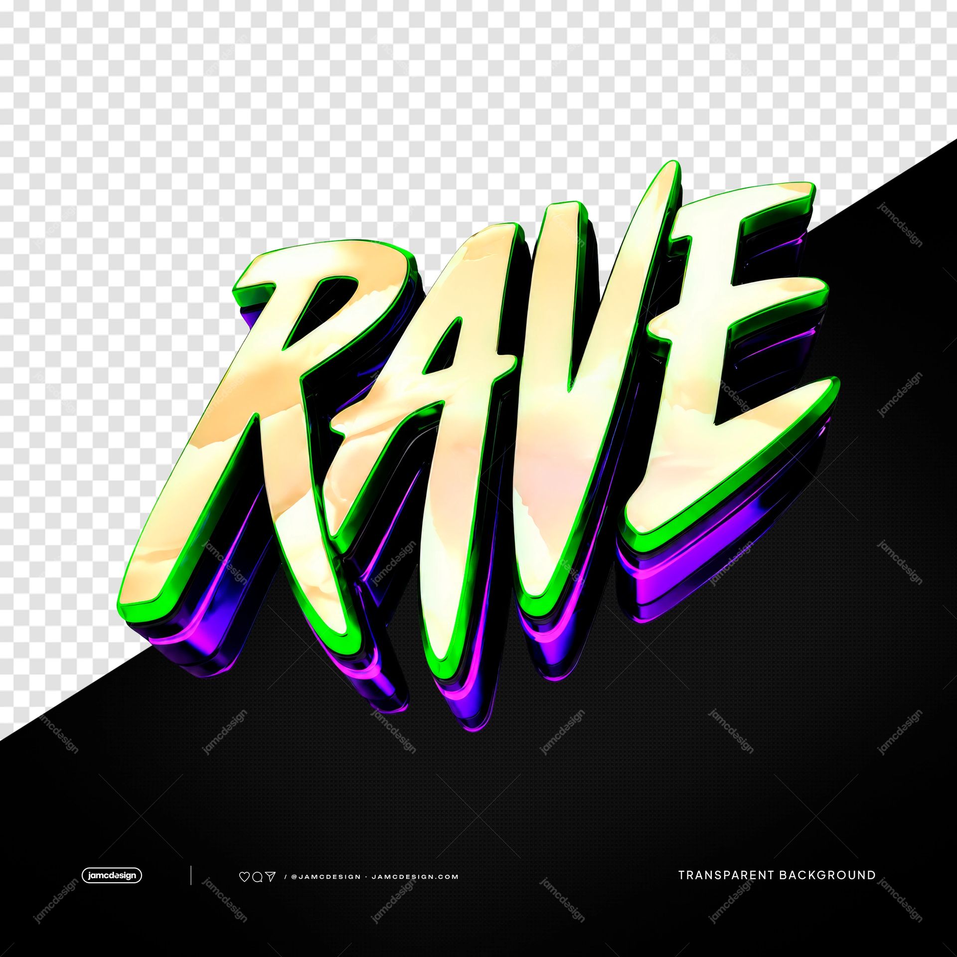 Efeito de Texto com Letras Neon 3D de Festa Rave e Brilho Neon PNG. PNG transparente com letras 3D marcantes, frentes creme