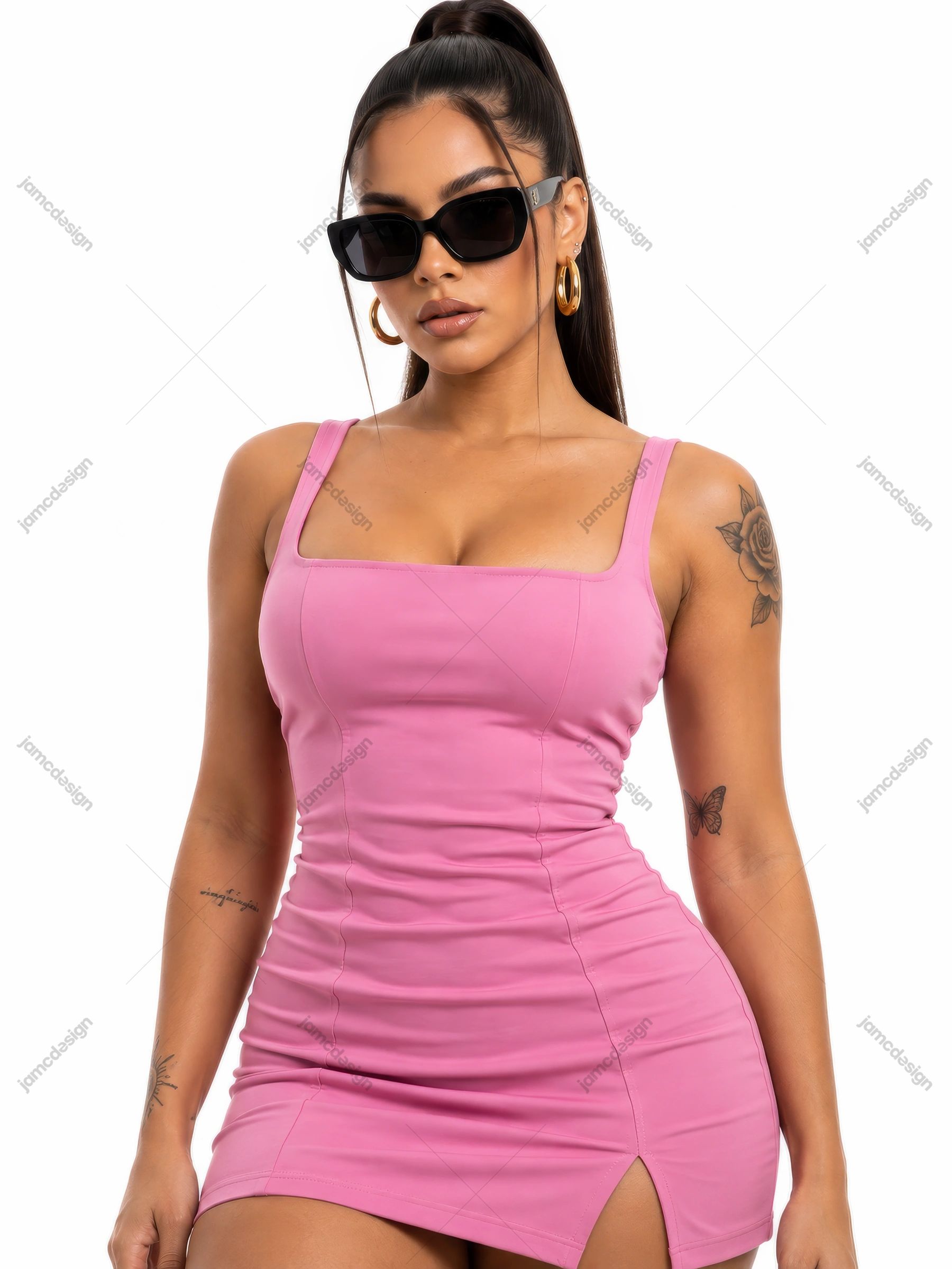 Woman In Pink Dress With Sunglasses And Tattoos PNG. Download this PNG photo of a woman wearing black sunglasses