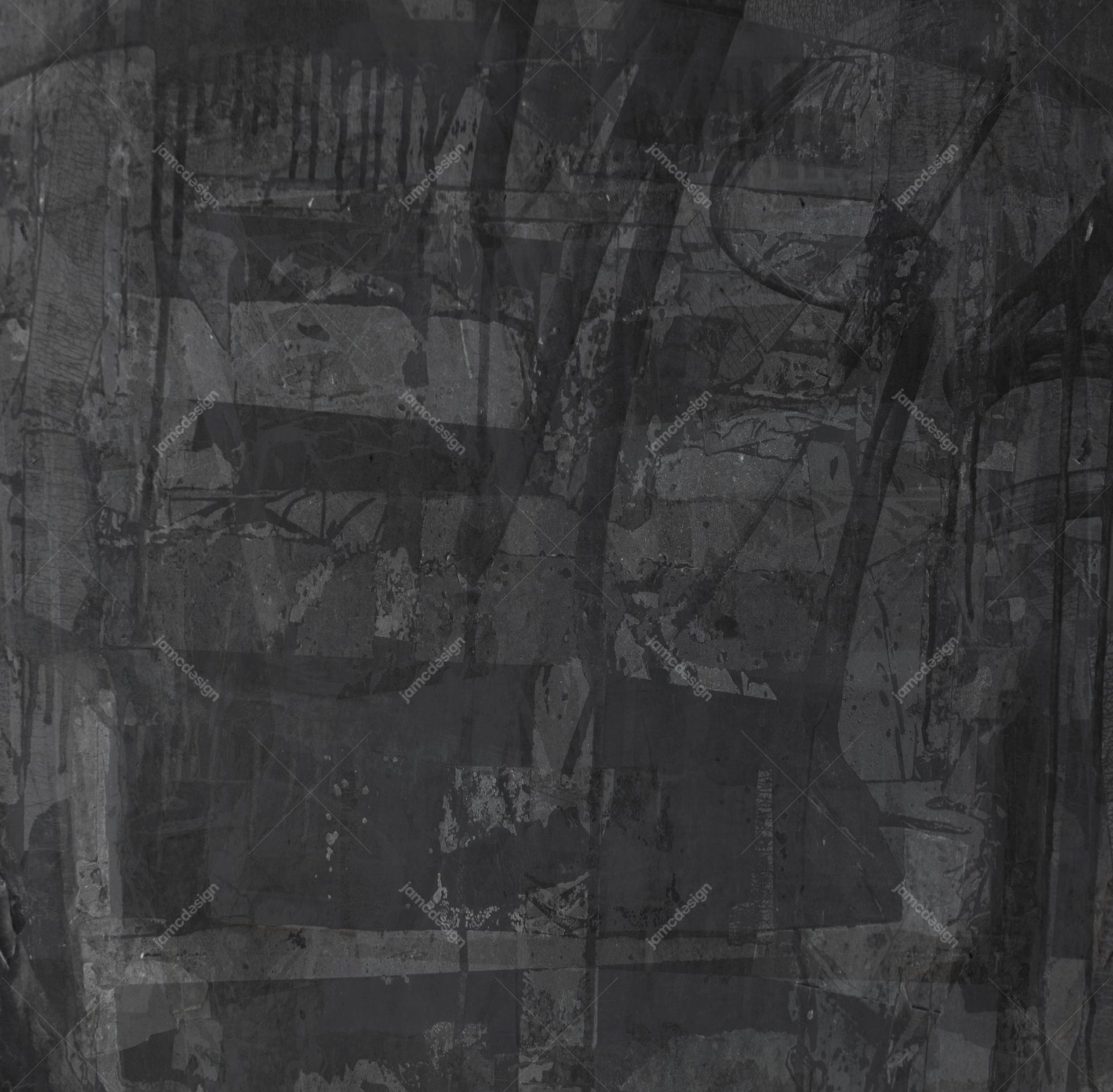 Dark Poster Scrap Collage Texture. This dark JPG texture combines overlapping poster scraps, rough marks and faded graffiti in a distressed monochrome collage